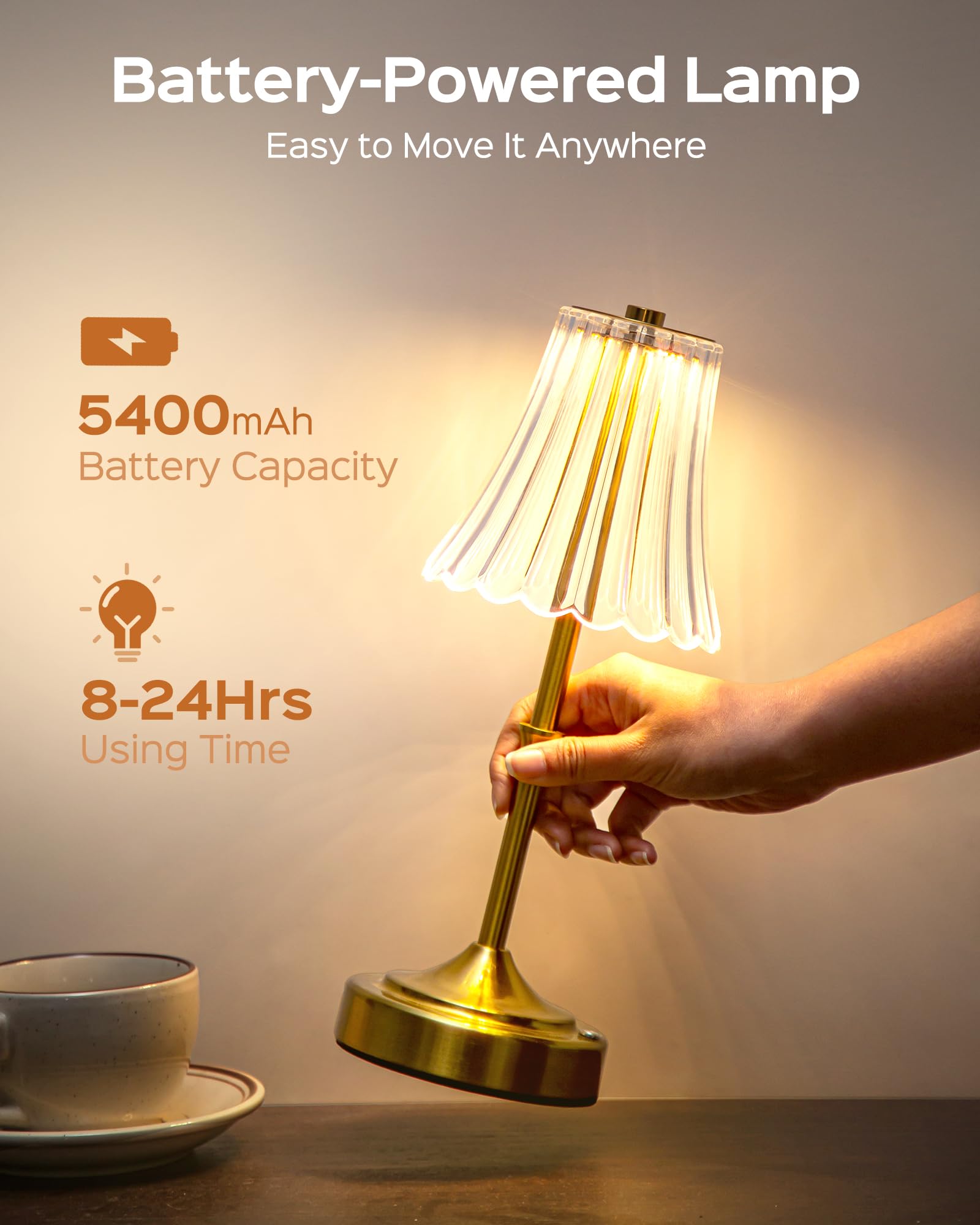 Jackyled Vintage Cordless Table Lamp, Acrylic Crystal Flower Lamp Shade, 3 Colors Dimmable Led Golden Lamp, 5400Mah Battery Oper