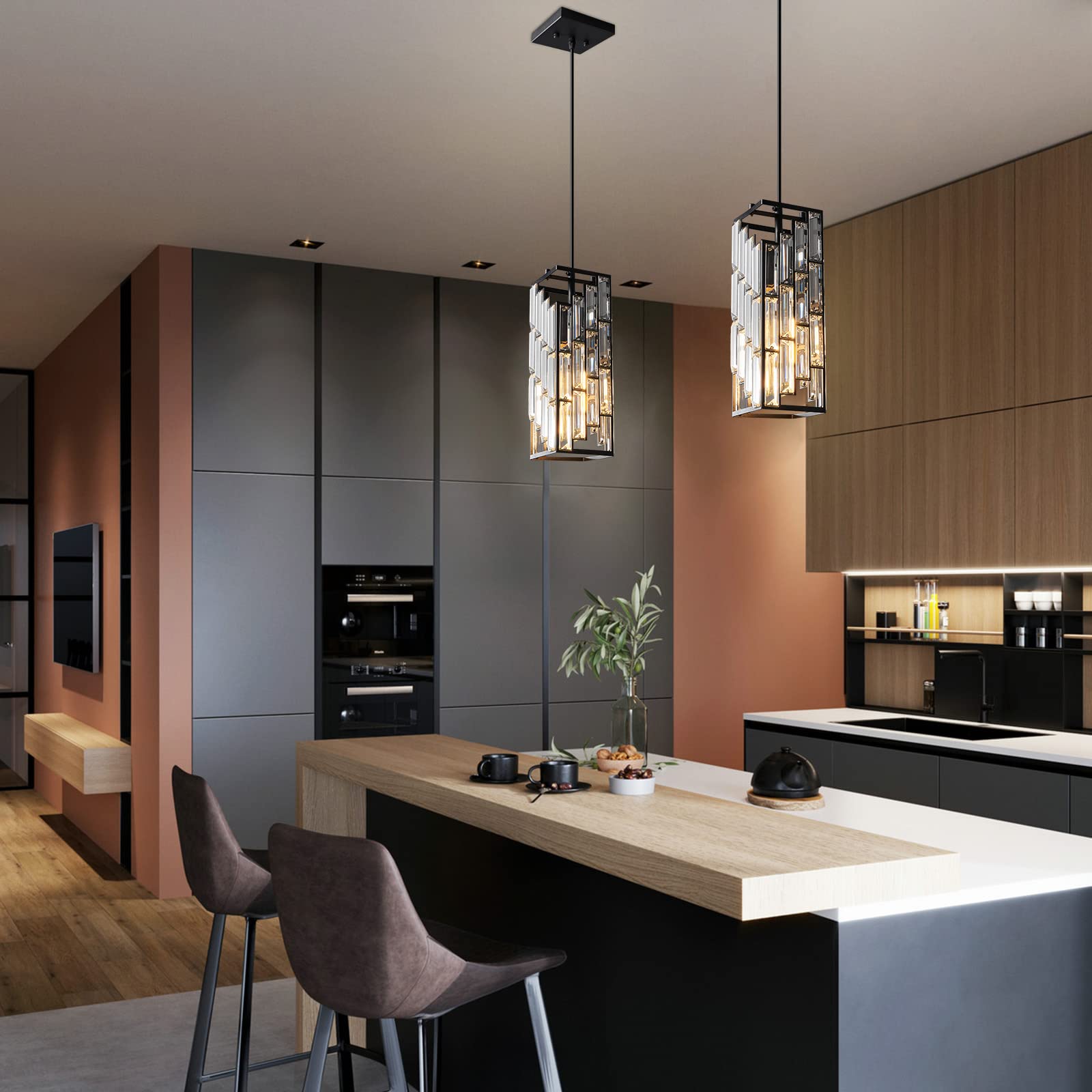 Fdpby Black Pendant Lighting Modern Pendant Light, Mini Crystal Chandeliers,Adjustable Pendant Light Fixture For Kitchen Island