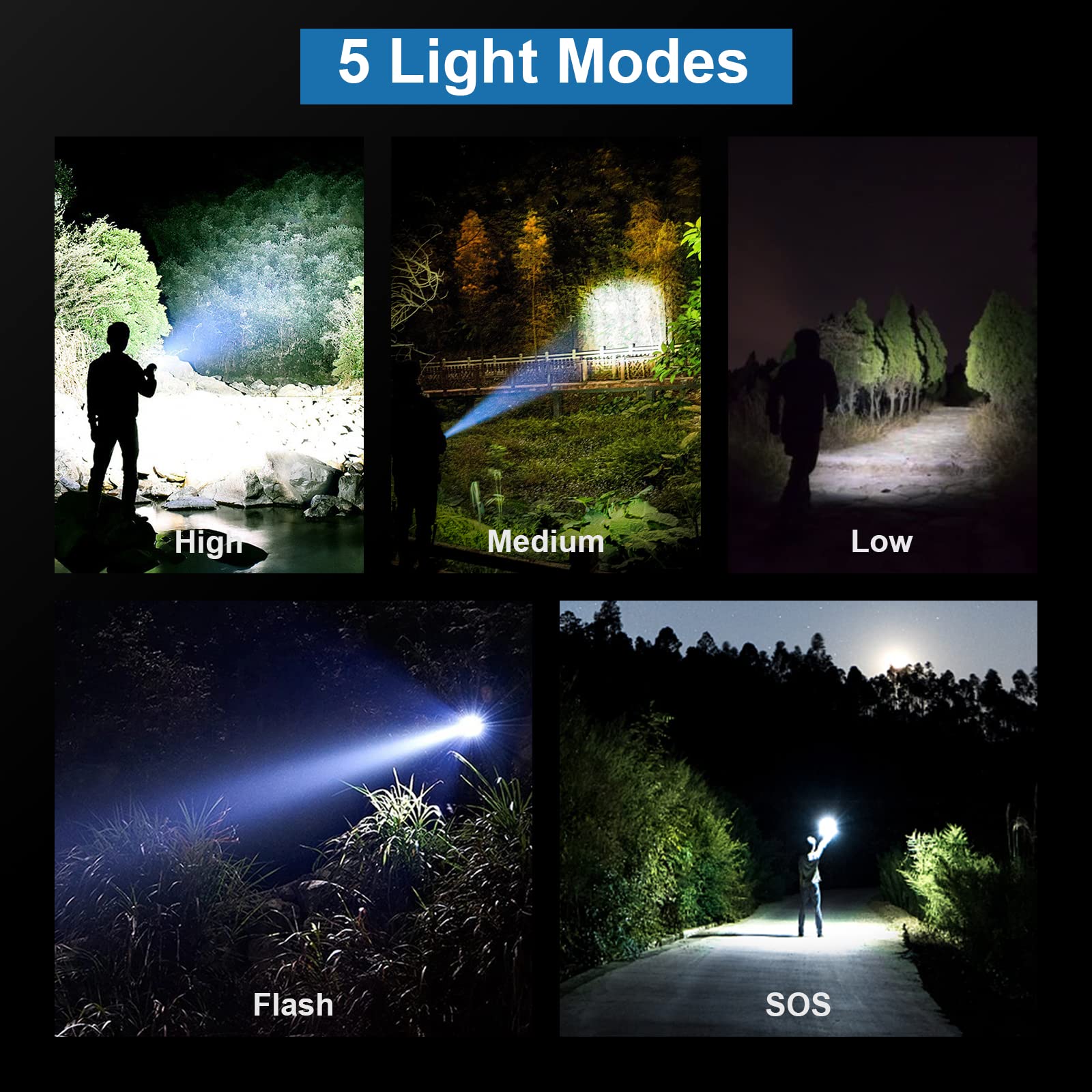 MILAOSHU Rechargeable Flashlights 90,000 Lumens - 2 Pack, LED, 5 Modes, Waterproof, Black, Model P50