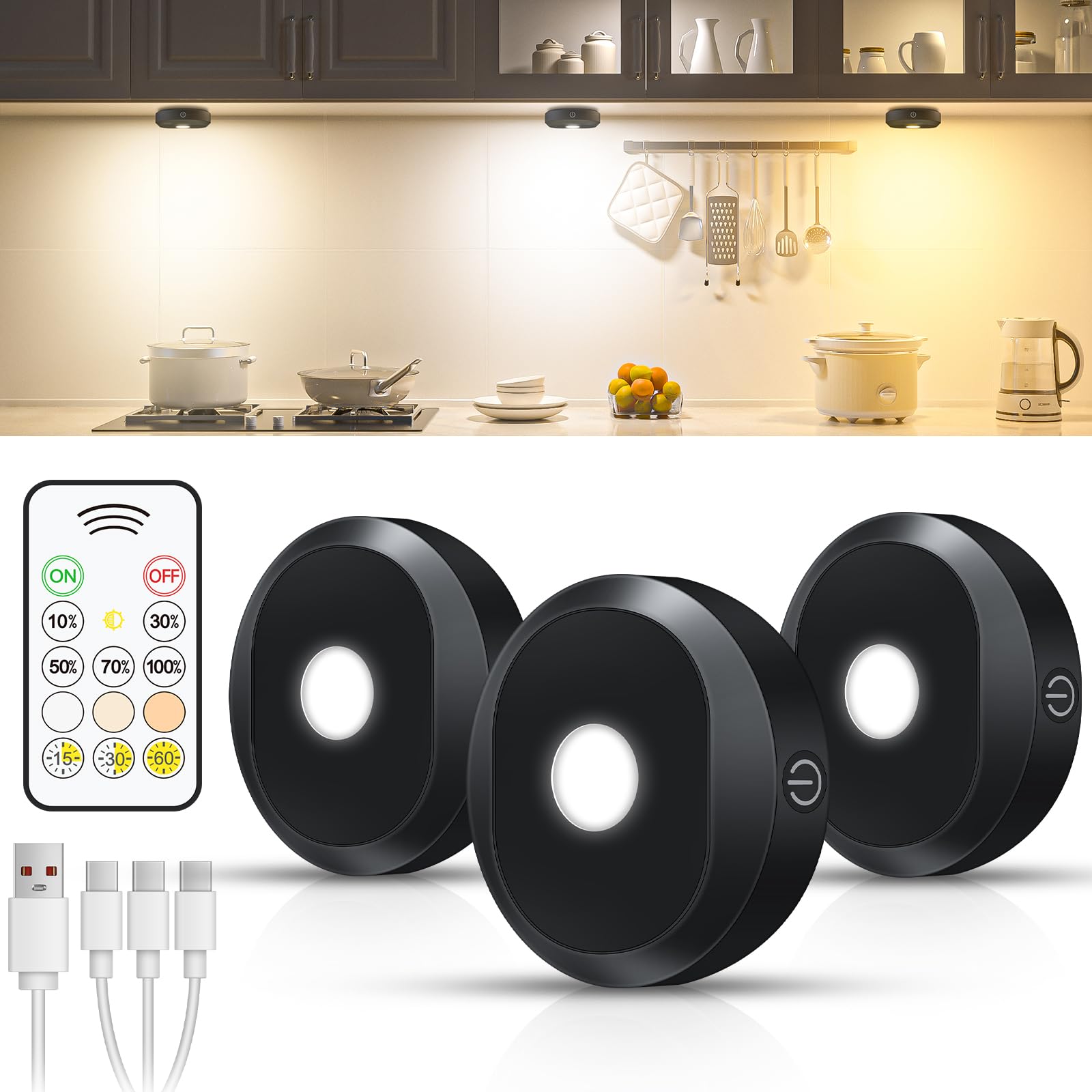 WILLED Puck Lights with Remote Control,3 Colors Under Cabinet Lighting Wireless,Rechargeable Battery LED Tap Light,Timer Functio