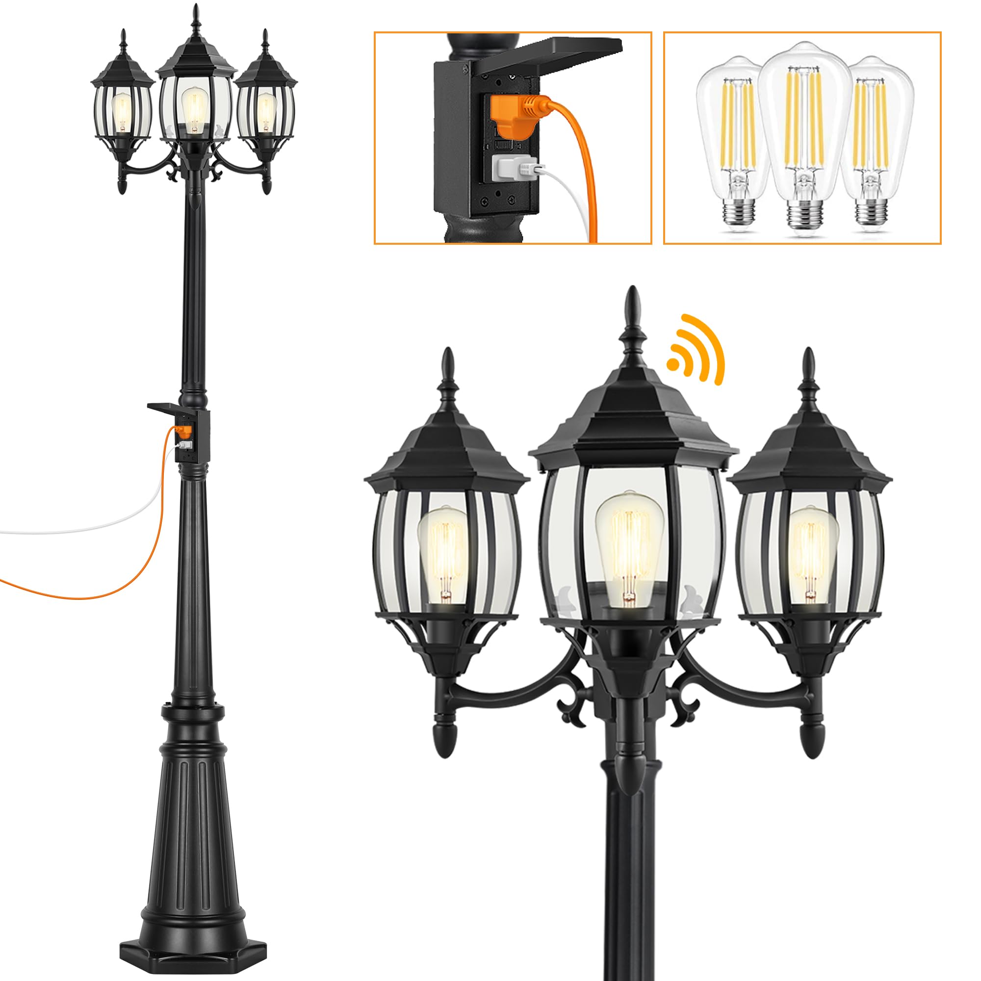 PARTPHONER Dusk to Dawn Outdoor Lamp Post Light, 3-Head, Black, Aluminum, GFCI Outlet, Glass Panels, Model PL001-GFCI-GG