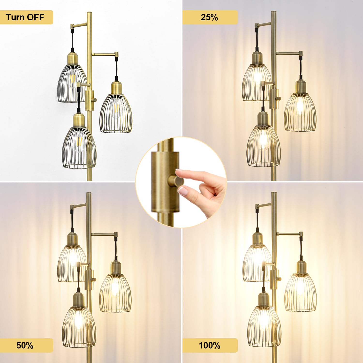 Dimmable Floor Lamp, Industrial Floor Lamps For Living Room, Antique Brass Tree Lamp Standing Lamp Tall Lamps With 3 Elegant Tea