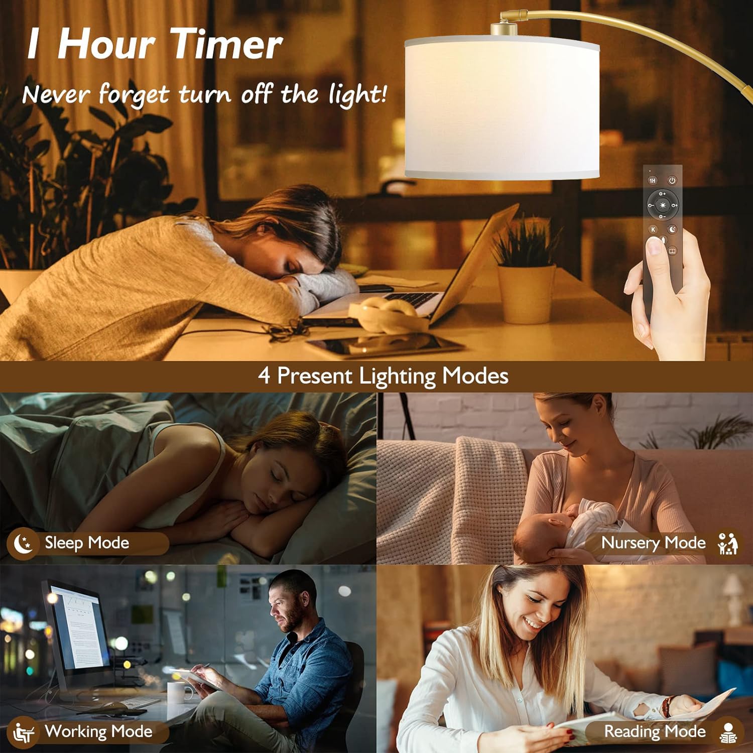 Arc Floor Lamps For Living Room, Modern Remote Control Standing Flamp With Stepless Dimmable, Gold Tall Lamp With White Drum Sha