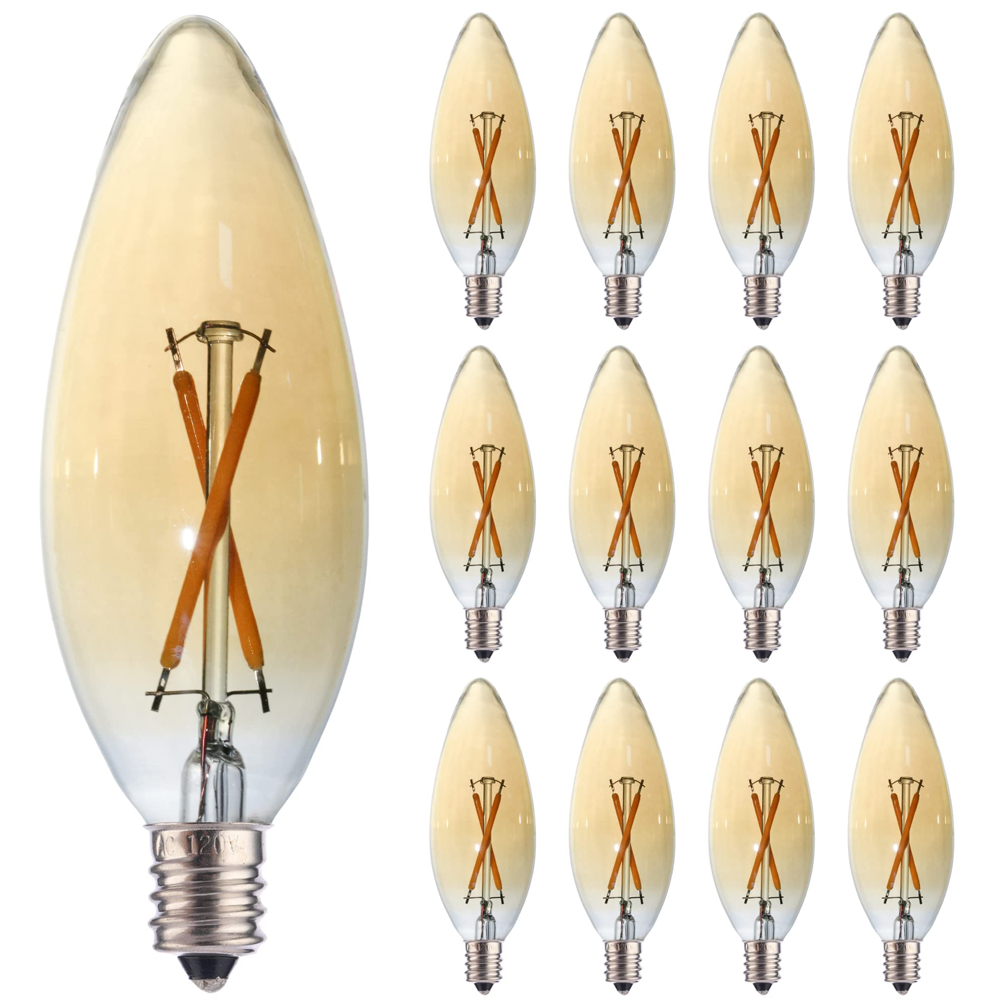Fannis 12 Pack C32 Candle Filament Led Bulb, 2W Equals 15-20W Soft Warm Light, E12 Candelabra Base Edison Bulb, Amber Glass Ligh