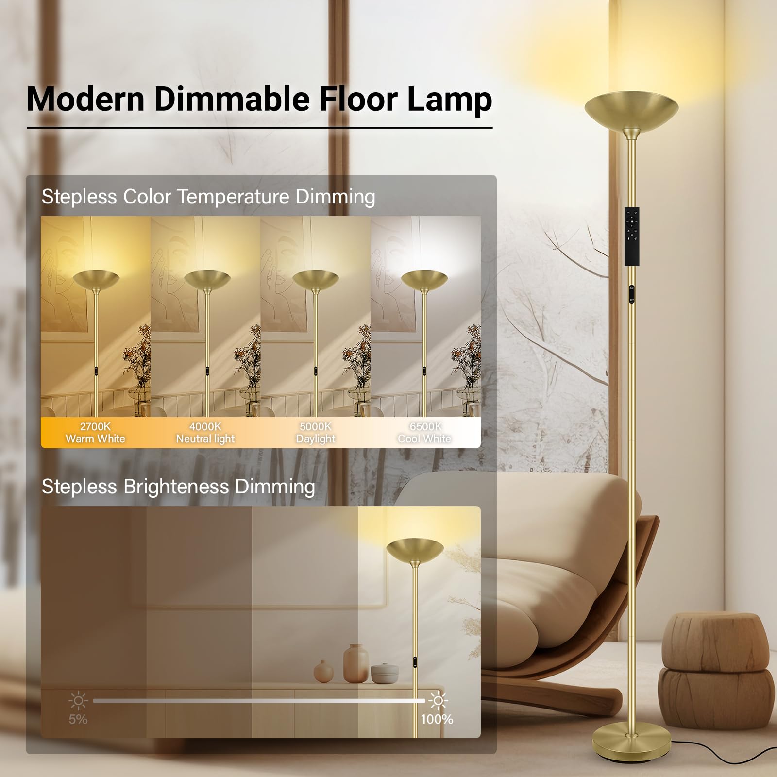 Boostarea Dimmable Floor Lamp 30W 3000Lm Super Bright Led Torchiere Standing Lamp With Remote & Touch Control 71 In Tall Pole Sky Modern Floor Lamps For Living Room Bedroom Office 2700K-6500K Gold