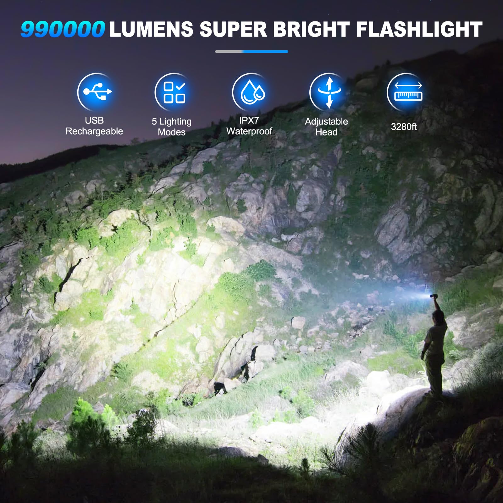 Kingcaesar Flashlights High Lumens Rechargeable, 2 Pack 990000 Lumens Super Bright Flashlight, 5 Modes Led Flashlight, Ipx7 Wate