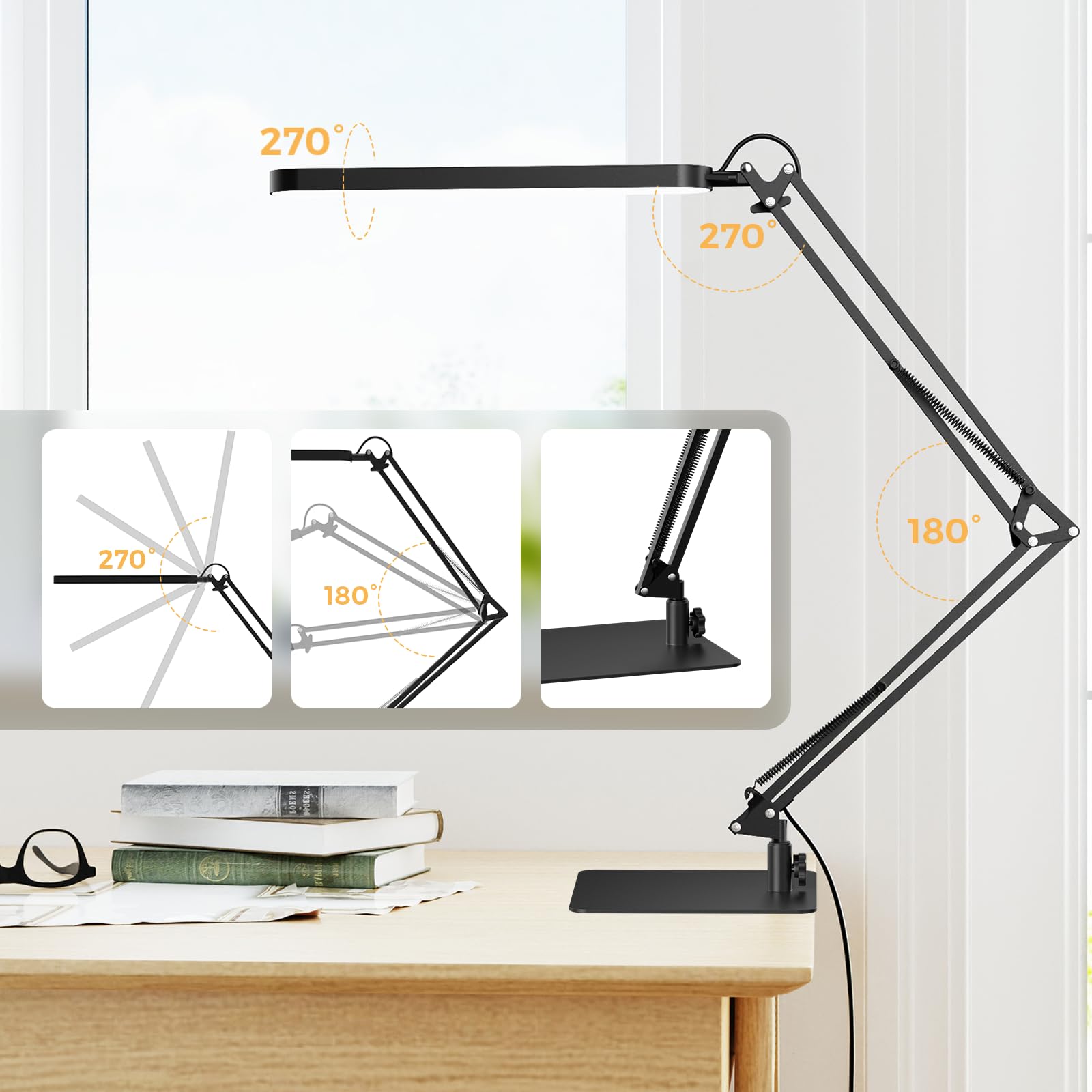 SKYLEO LED Desk Lamp - Adjustable Swing Arm, Dimmable, 1300LM, 12W, Metal, Black, Model A018