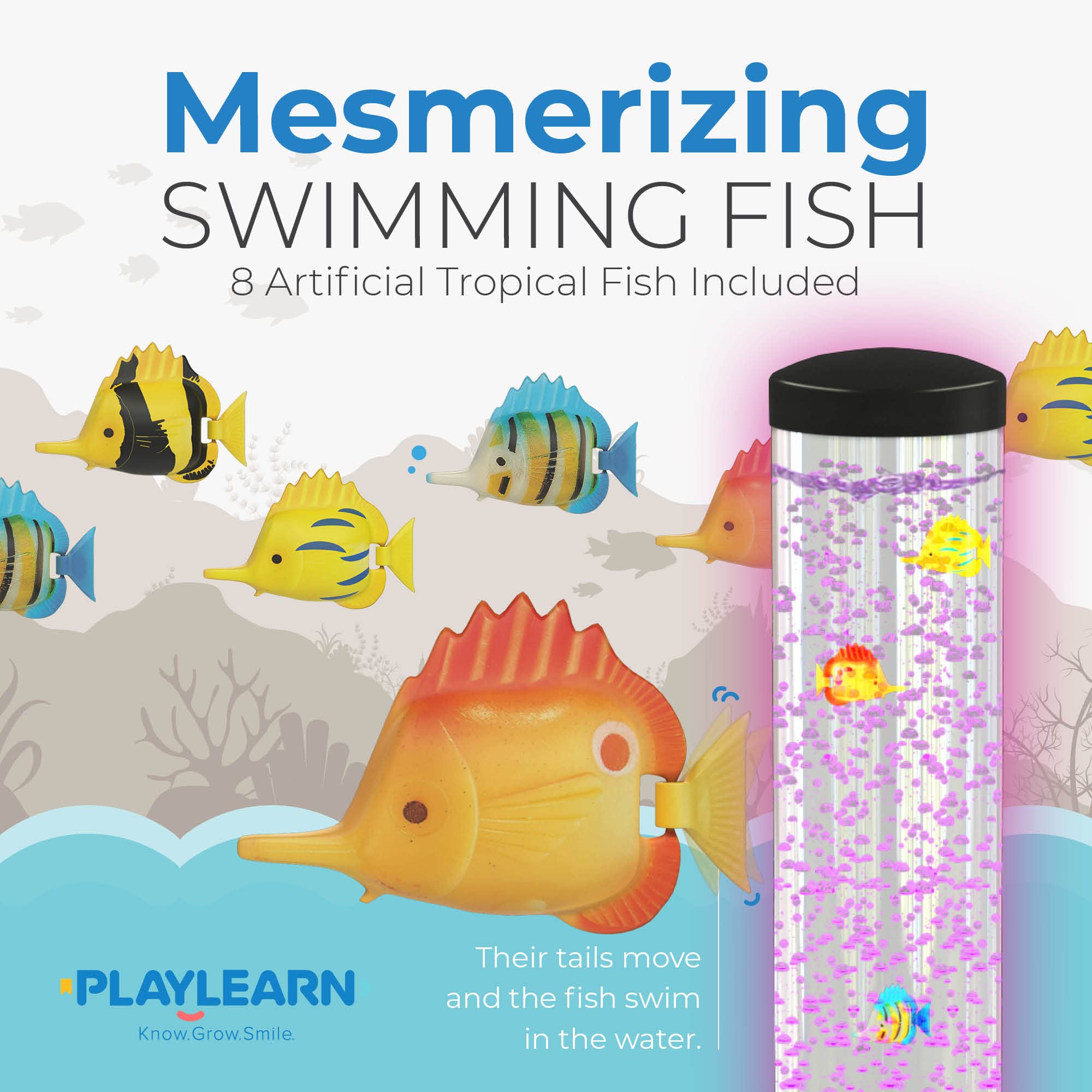 Playlearn 3.3Ft Bubble Tube With Remote Control - 8 Fake Fish - Color Changing Led Lights - Sensory Bubble Lamp – Fake Fish Tank Floor Lamp
