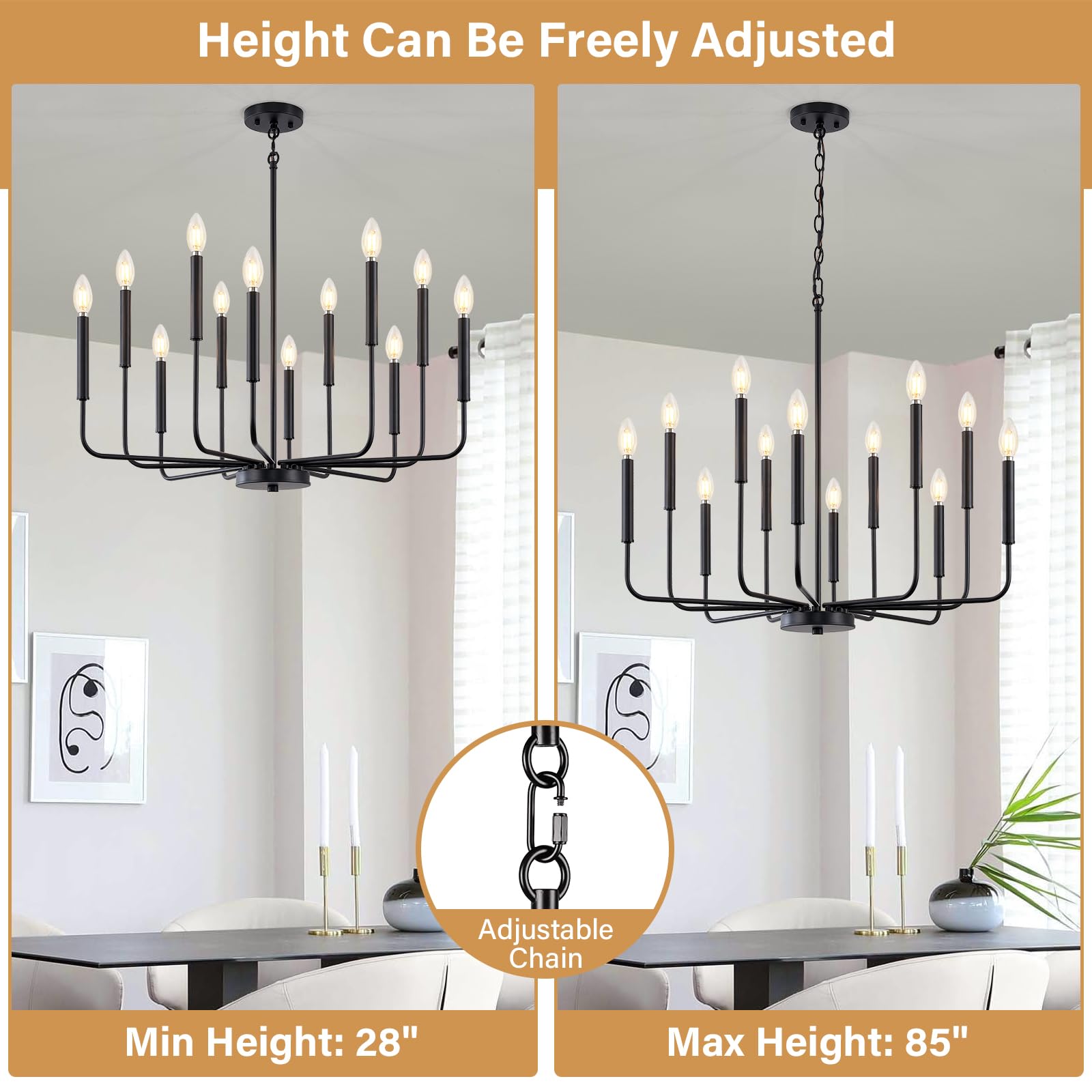 Zuyurt 12-Light Black Chandelier Light Fixture, Modern Farmhouse Chandelier For Dining Room Hanging Lighting, Metal Candle Chandelier With Chain For Living Room, Kitchen, Entryway, Foyer, Stairs