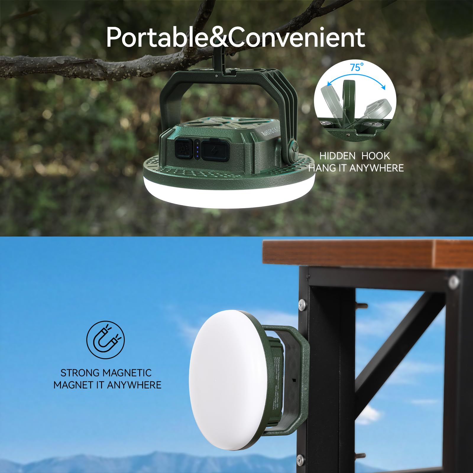 VAVOFO 30W LED Camping Lantern - Rechargeable, 3000LM, 7200mAh, IP65 Waterproof, Green, Model KM-FD01