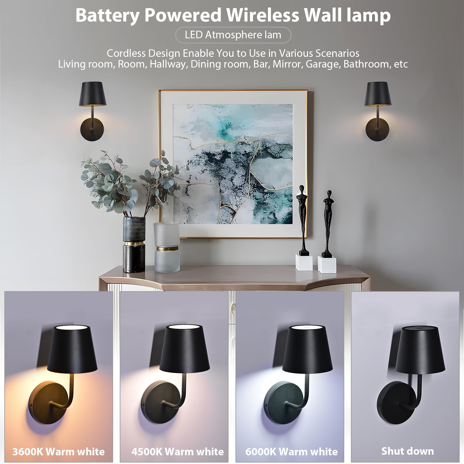 IMQSQIK LED Wireless Wall Lamp Set of 2, Rechargeable, Touch Control, Black, Model RQ-14-2Pack