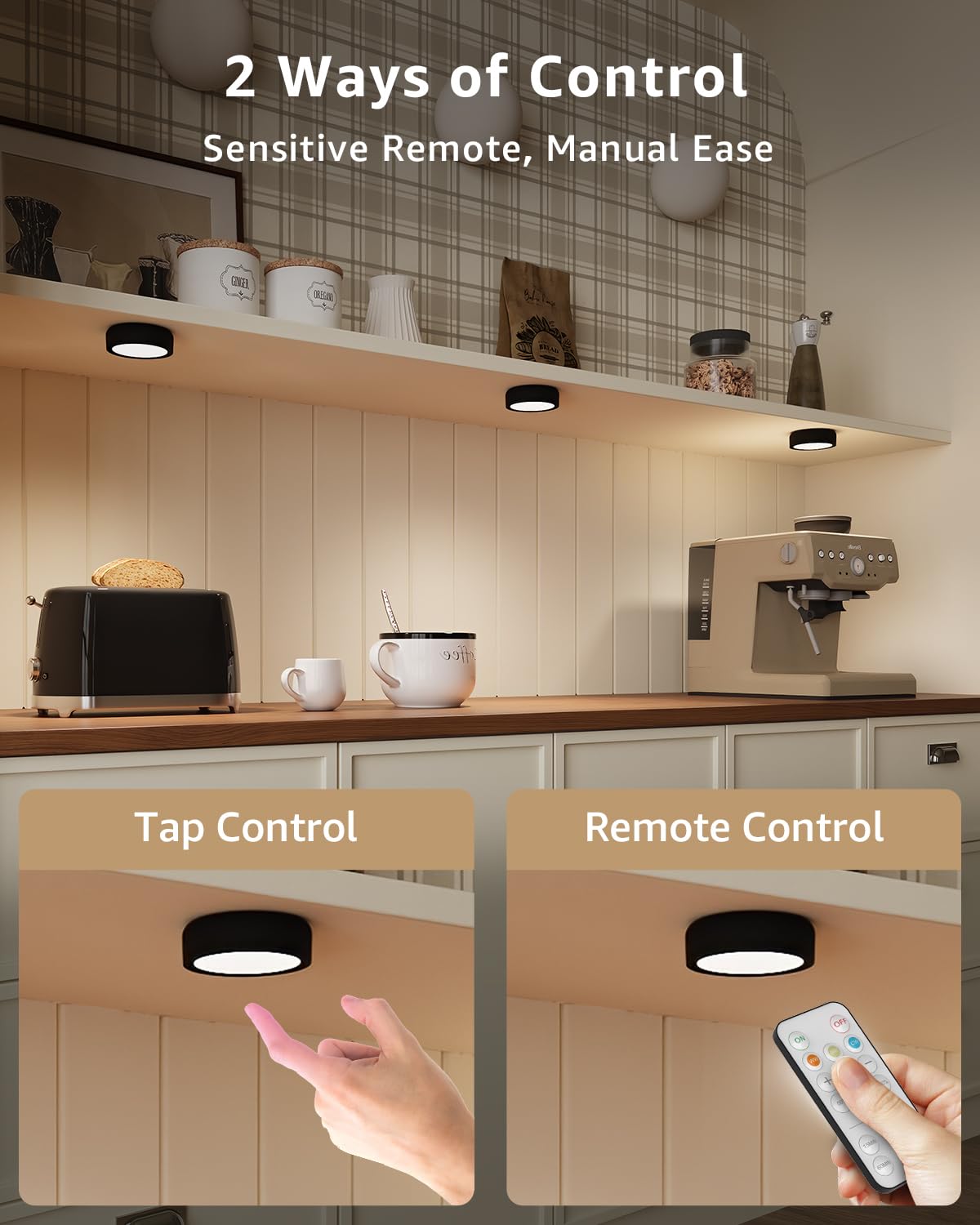 Vloee USB Rechargeable Under Cabinet Puck Lights - 4 Pack, 1600mAh, LED, Magnetic, 3000K/4500K/6000K, Model VL