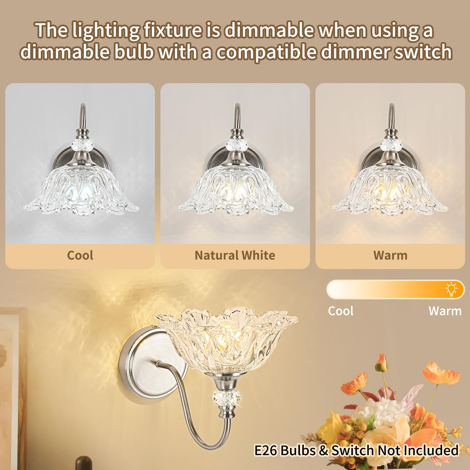 sunkryster Brushed Nickel Wall Sconce - 1-Light Modern Bathroom Vanity Light with Floral Clear Glass Shade, Model Sun-104AB-1-Nickel