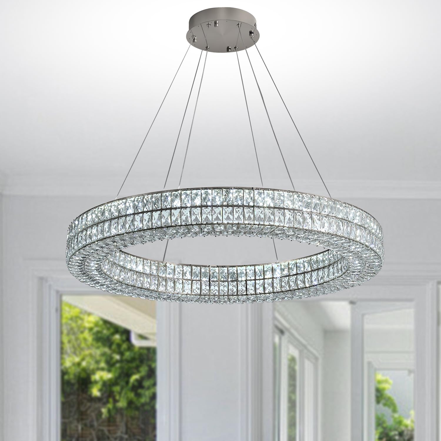 IDEQUY LED Round Ceiling Chandelier, 40in, Dimmable, Stainless Steel & Crystal, Modern Design, Black