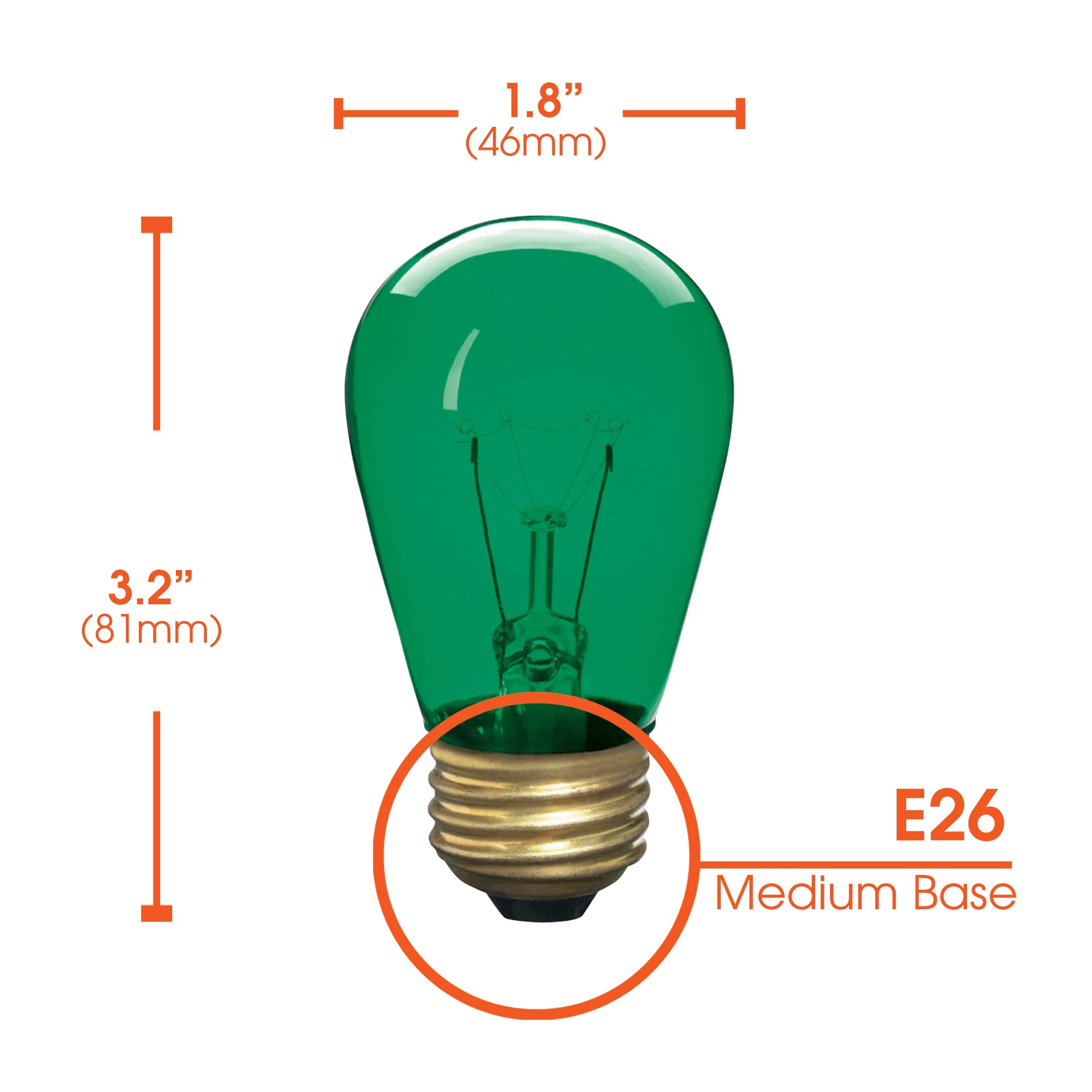 Xtricity Incandescent S14 Edison Light Bulb, E26 Medium Base, Glass, 130V, Green, 12 Count
