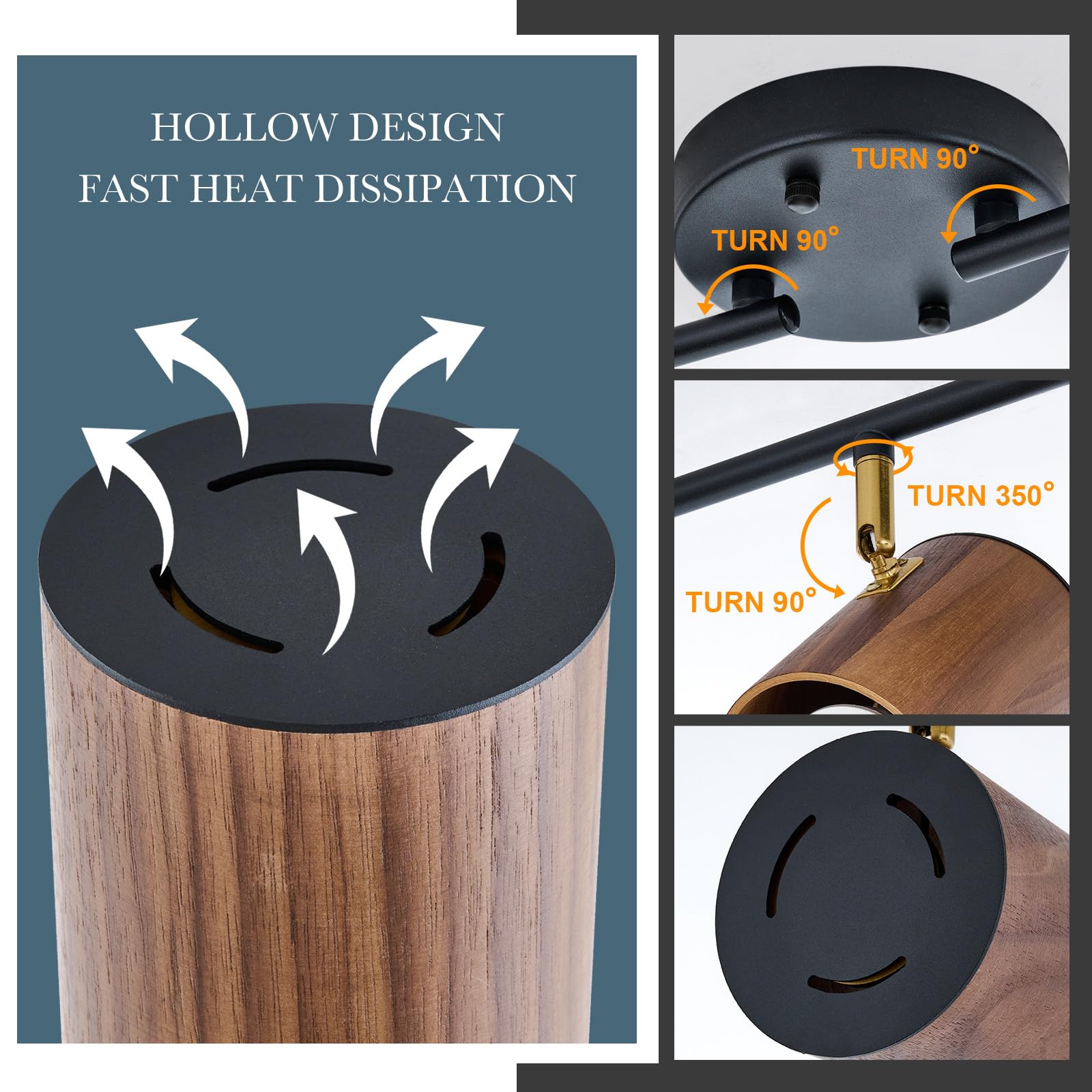 Modern 4-Light Track Lighting Kit Fixture, Adjustable Matte Black Finish And Dark Wood Lampshade Ceiling Light, Brass Swivel Ite