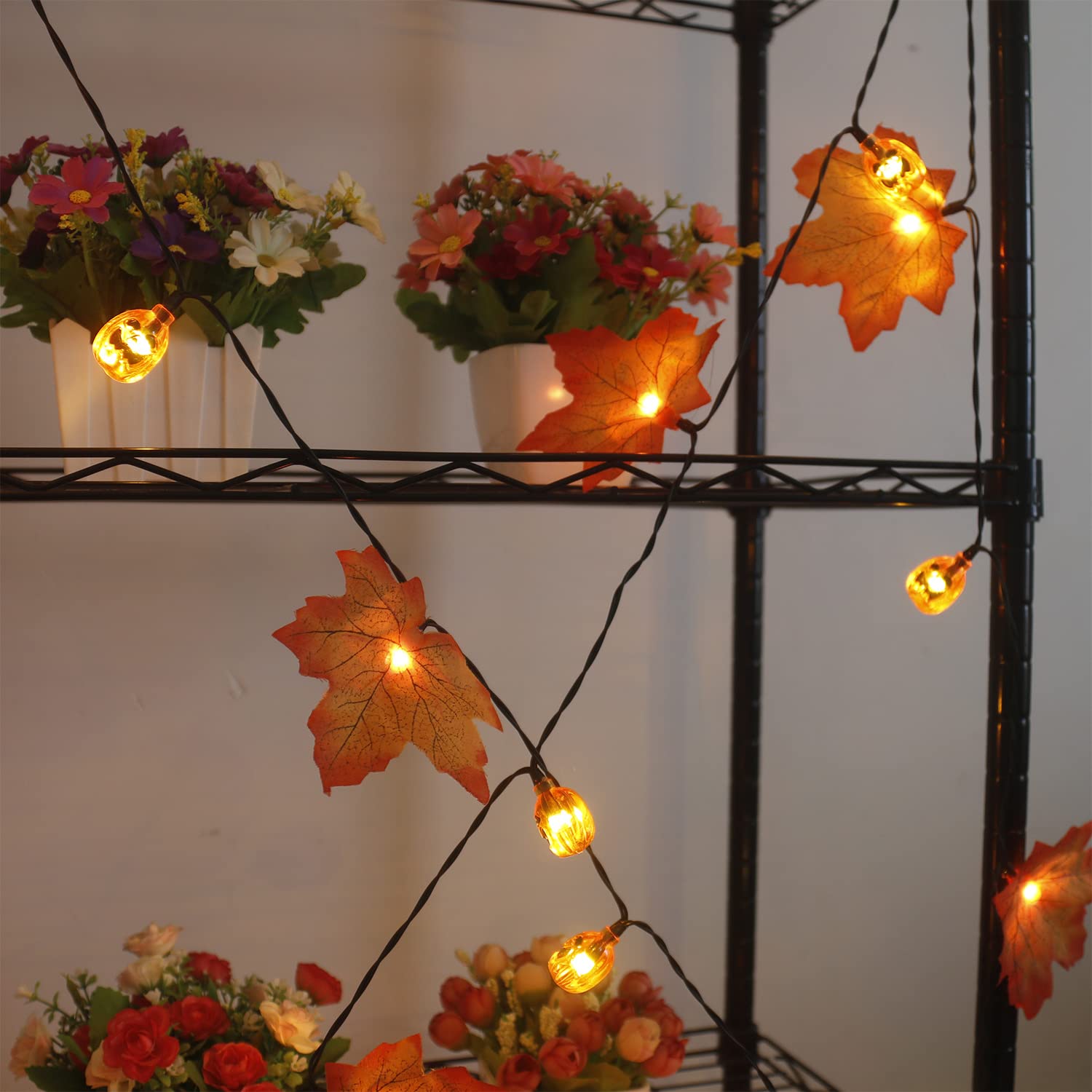Xingpold Solar Pumpkin Maple Leaf String Lights, 50LED 30ft, Waterproof Fall Decor, Gold for Thanksgiving Halloween Garden