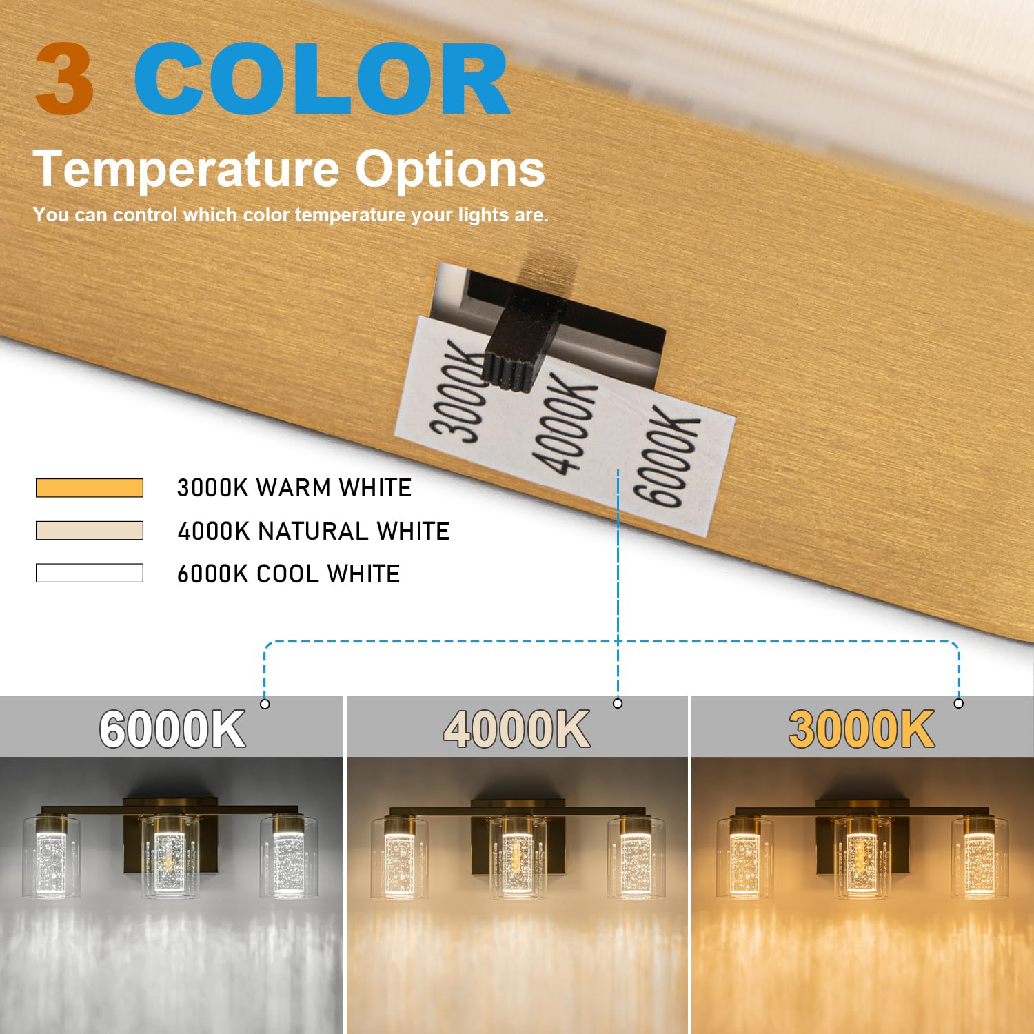 SineRise 3-Light Vanity Light, Dimmable LED, Gold, Eye Protection, Clear Glass Shade, Model 3676c136-a32e-409c-bd40-693cc