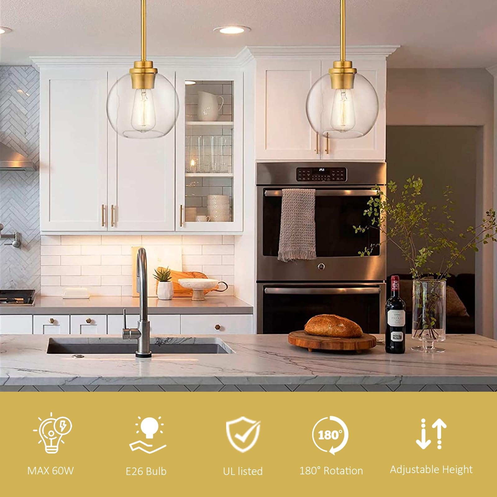 Ouvr Pendant Lights Kitchen Island, Modern Gold Pendant Light With Clear Glass, 7 Inch Farmhouse Hanging Light Fixtures For Dini