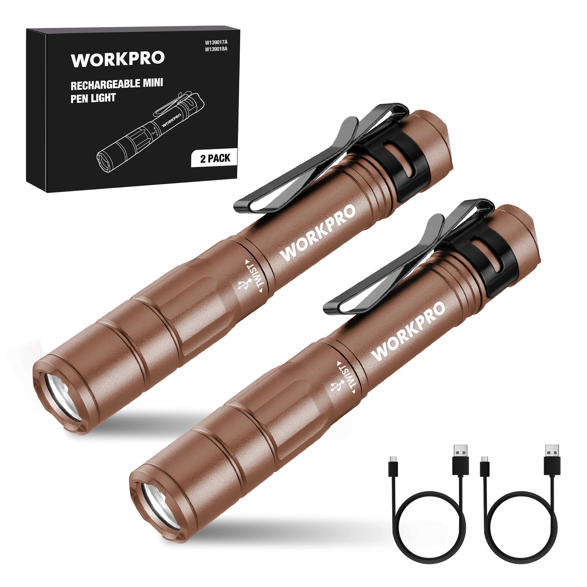 WORKPRO Rechargeable Pen Light Mini Flashlight 2 Pack Ultra-Compact Aluminum Brown Model W139024