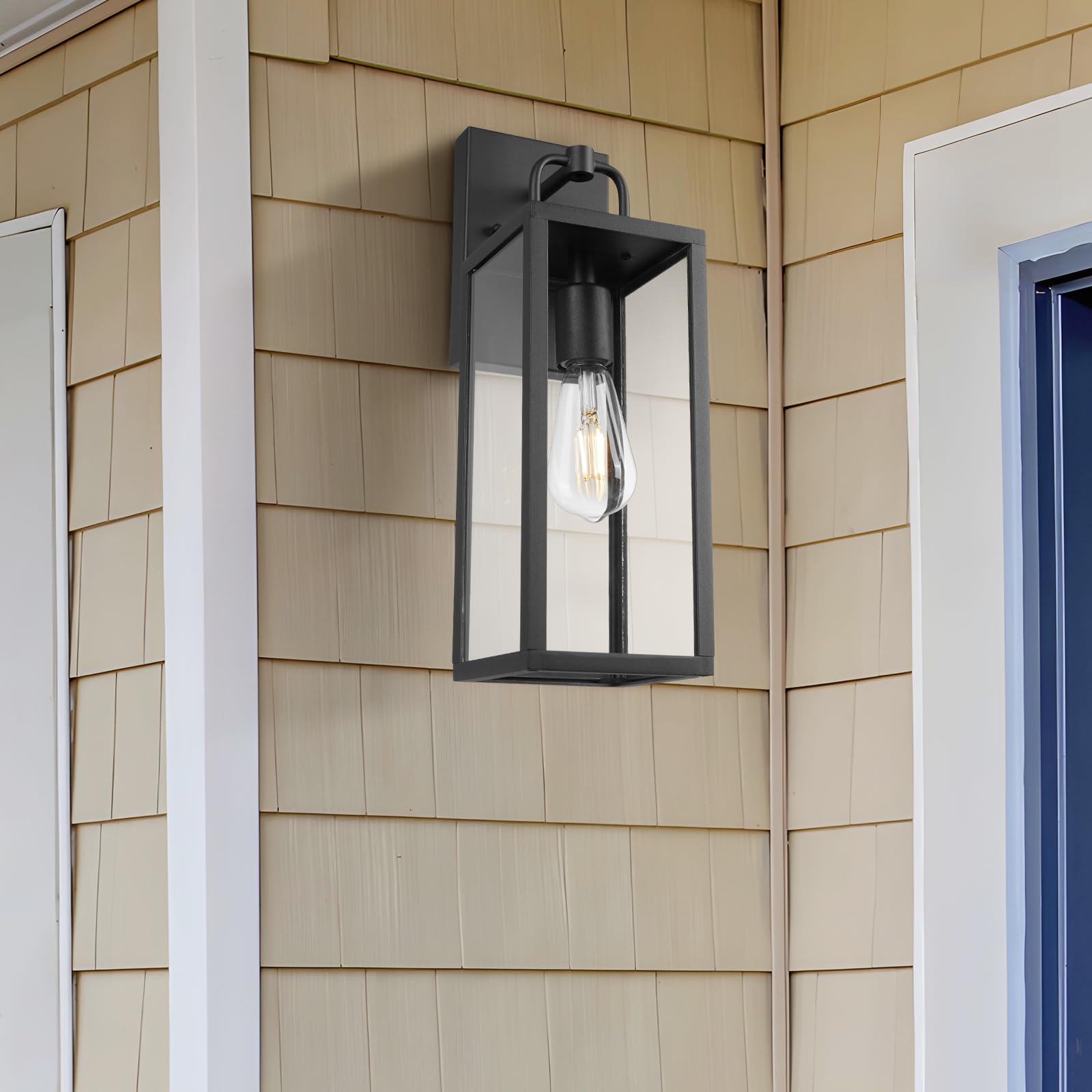 Diyel Outdoor Wall Sconce Lights, 16 Inch Tall Transitional Exterior Wall Light Fixtures With Clear Glass, Anti-Rust Modern Black Outside Wall Lanterns For House Front Porch Doorway Patio, 2 Pack