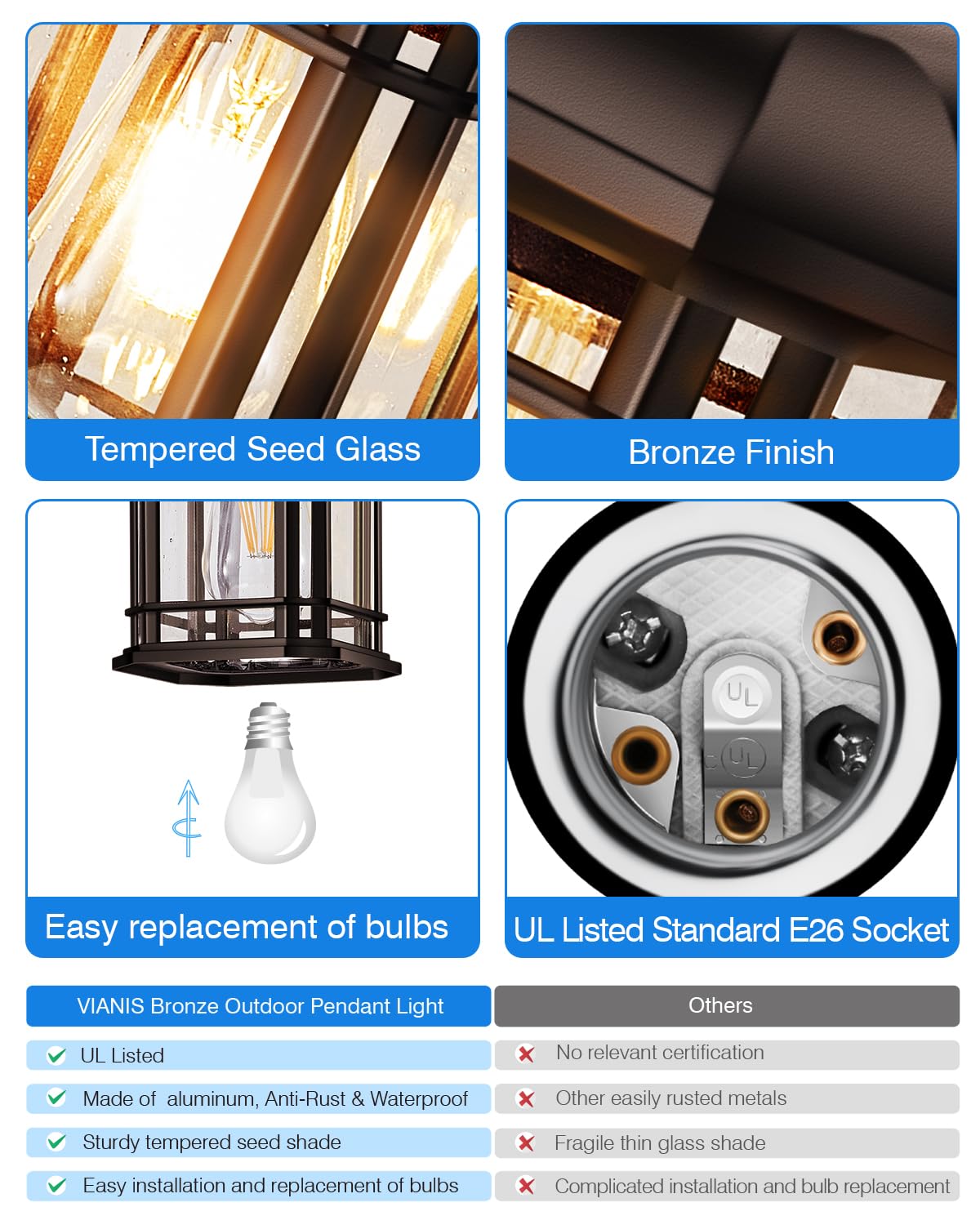 VIANIS Outdoor Pendant Light, Oil-Rubbed Bronze, Waterproof Aluminum Chandelier, Standard Size, Model V83081_BR