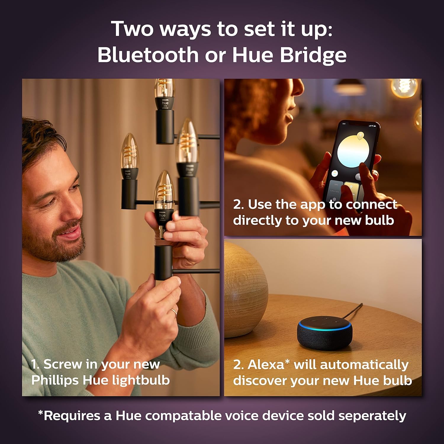 Philips Hue Smart 25W Candle-Shaped Filament LED Bulb - Soft Warm White Light - 2 Pack - 270LM - E12 - Indoor - Control with Hue