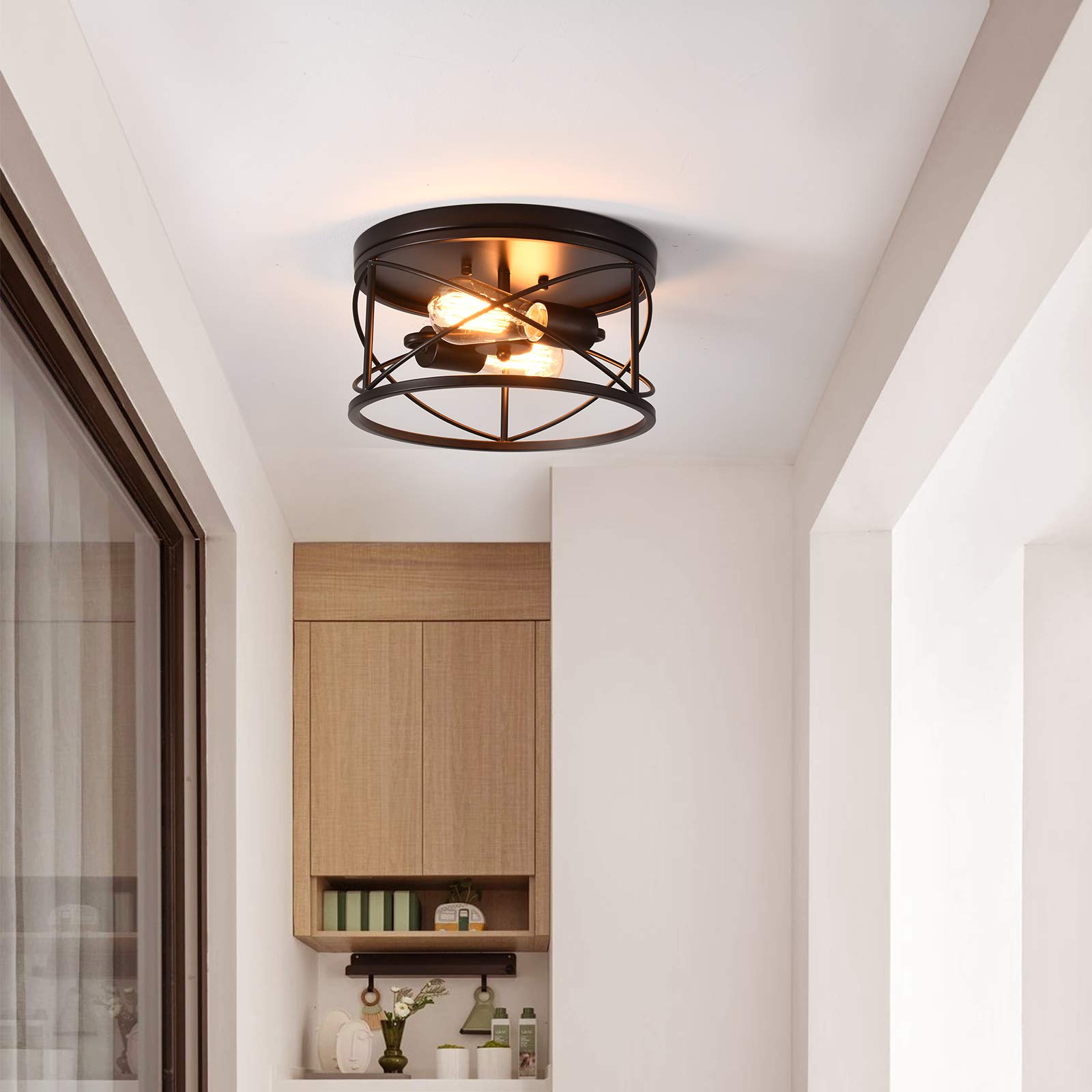 Weltrans 2-Light Flush Mount Ceiling Light Fixture, Industrial Modern Black Ceiling Lamp, Vintage Farmhouse Light Fixture For Ha