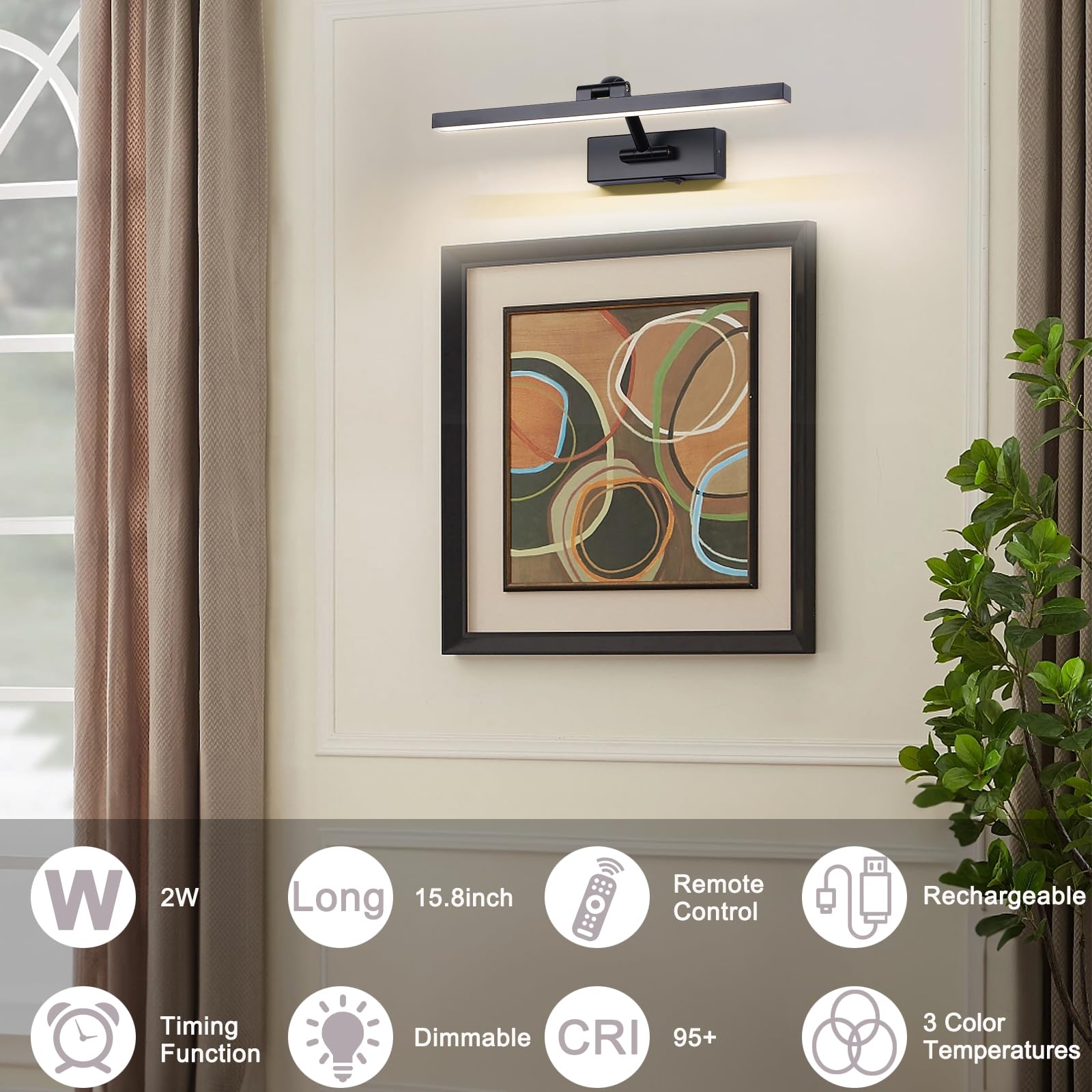 LED Wireless Picture Light with Remote Control,USB Rechargeable Battery Powered Art Lamps,Dimmable,270 Rotate,Timing,15.5 Inch B