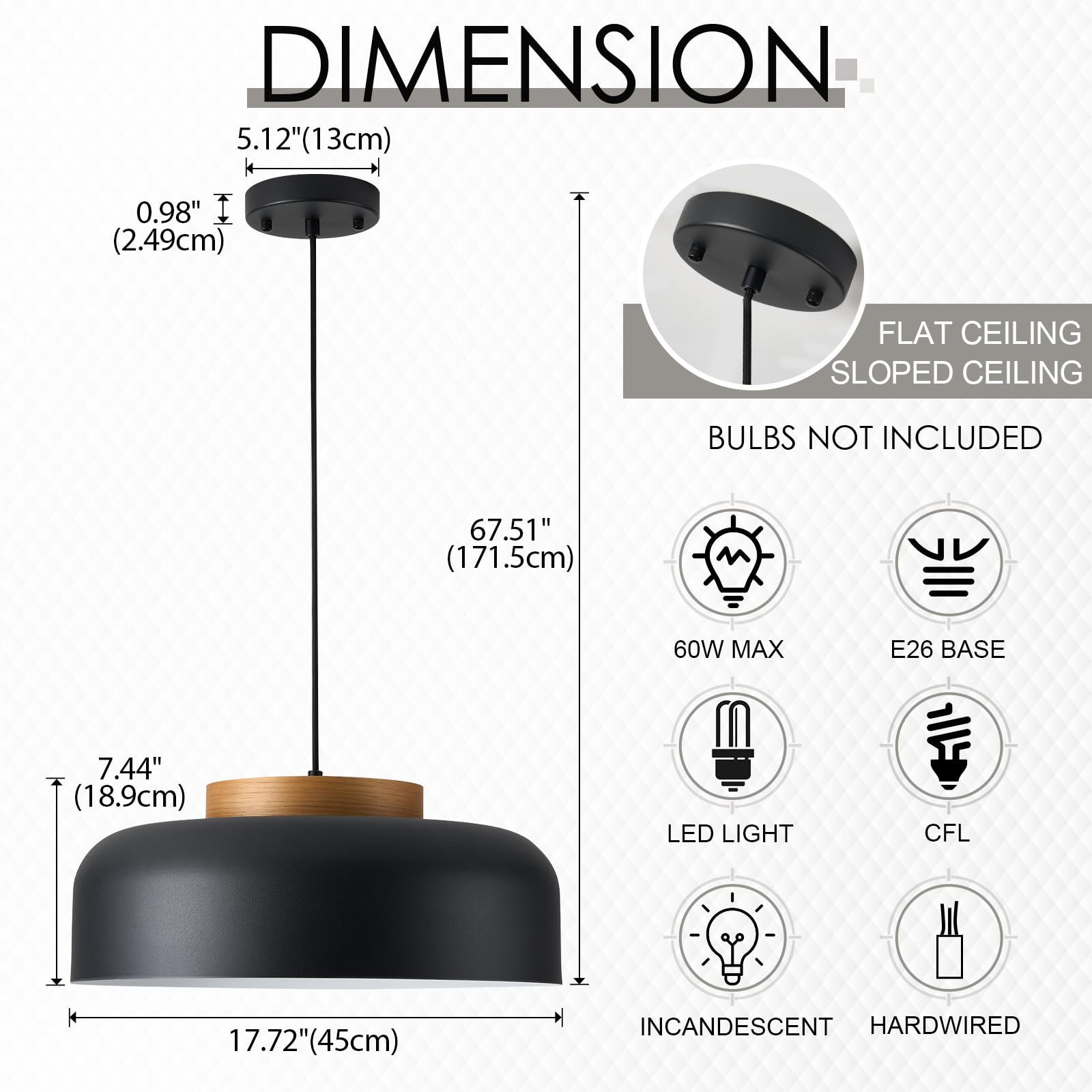 Modern Large Pendant Light Fixture  17.7 Inch Natural Wood Cap  Matte Black Finish  Simple Pendant Lighting For Kitchen Island  Dining Room  Table
