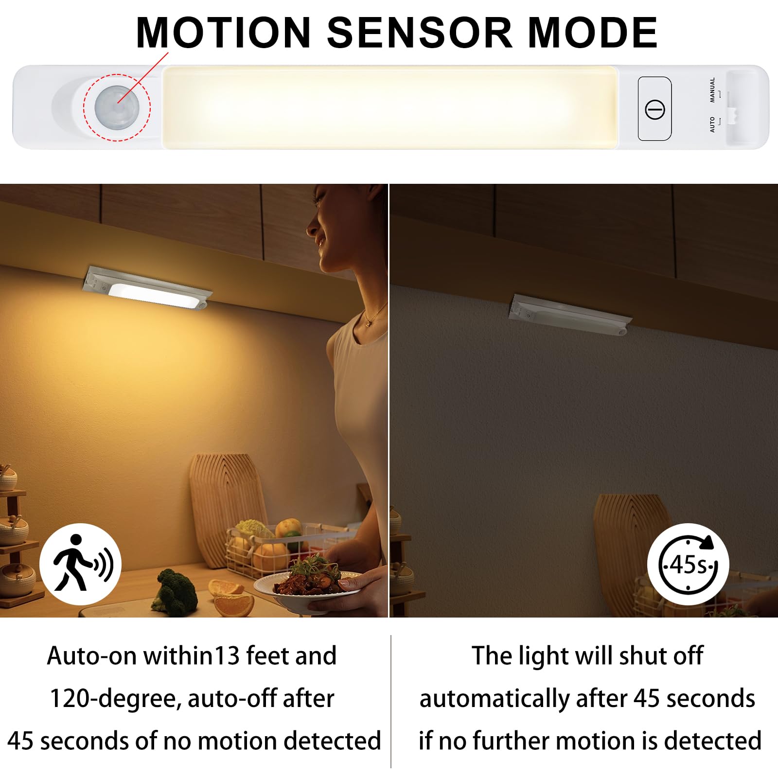 Luxsway Led Motion Sensor Light Indoor, Dimmable Under Cabinet Lights, Manual On/Off, Battery Operated Closet Lighting Bar, Shel