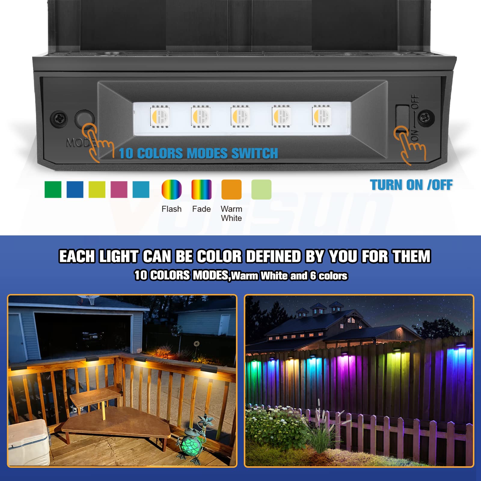 VOLISUN Solar Fence Lights, 4-Pack Waterproof LED, 1800mAh, 7 Colors + Warm White, Model 21038ZM