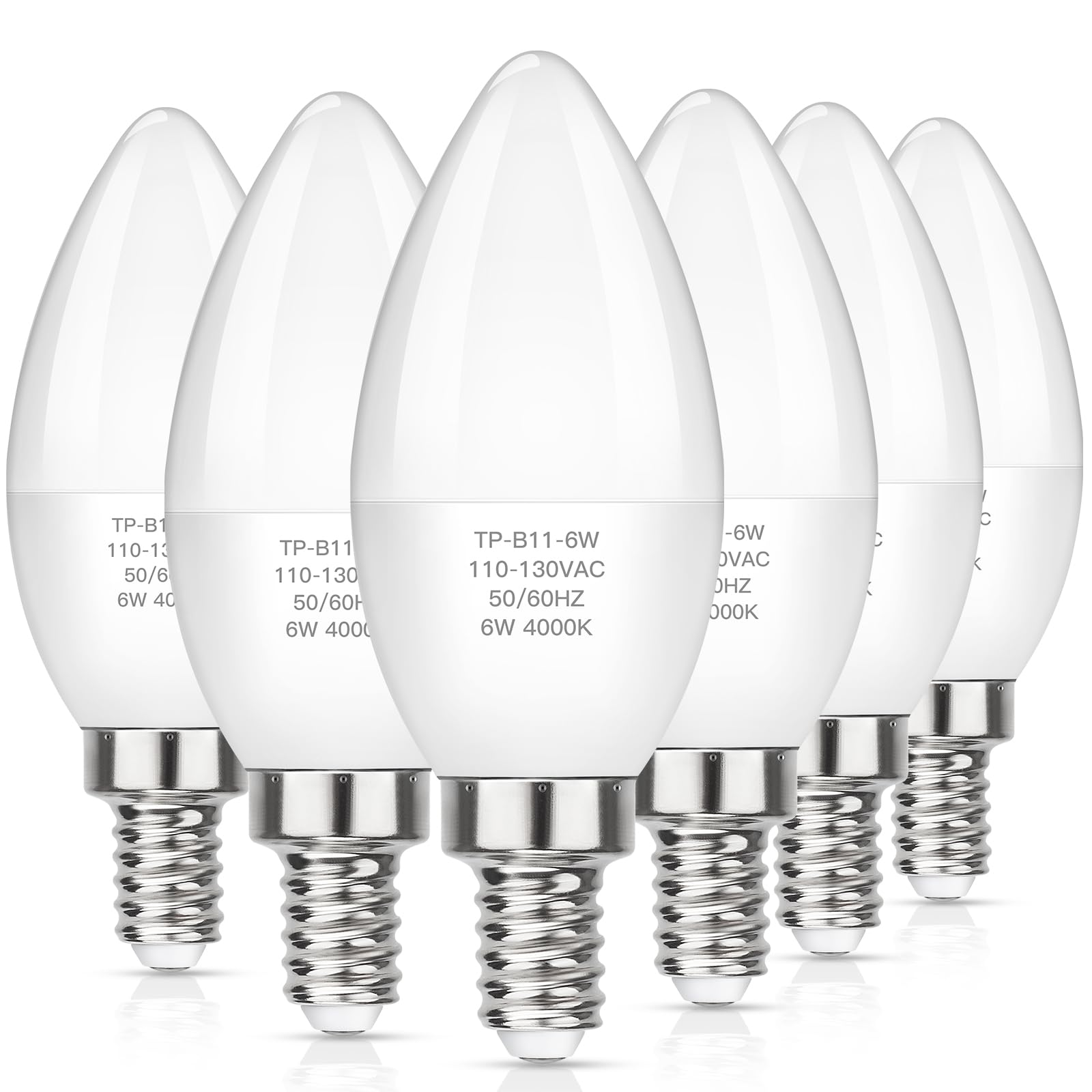 MAXvolador E12 LED Candelabra Light Bulbs 60W Equivalent, 4000K Neutral White 600 Lumens Chandelier Bulb, 6W B11 Candle Base, Non-Dimmable, Pack of 6