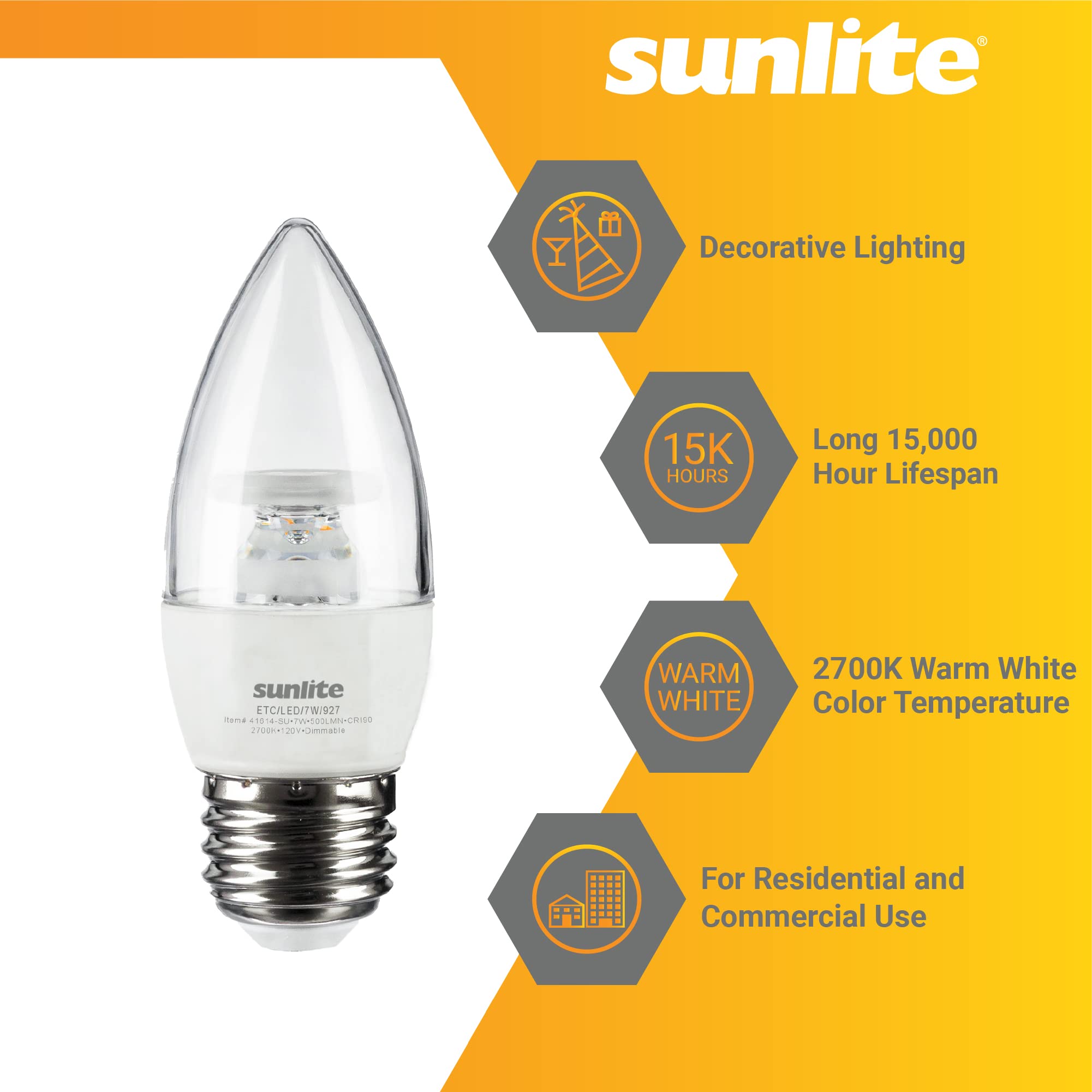 Sunlite LED B13 Torpedo Light Bulb, 7W (60W eq), 500 Lumens, Dimmable, E26 Base, 2700K Soft White, 6