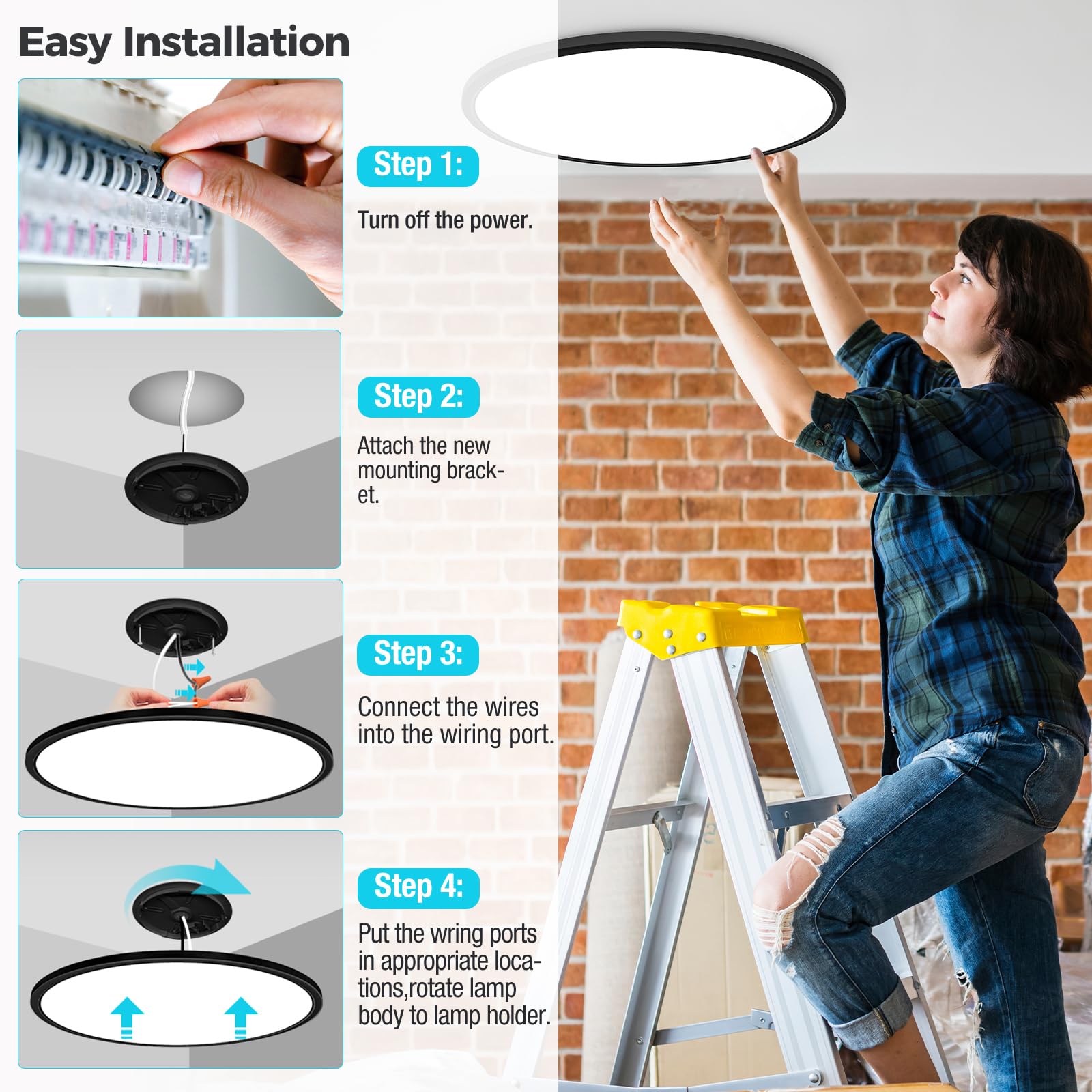 Libtit 20 Inch Led Ceiling Light, 5000Lm 50W Large & Bright Flush Mount Lighting Fixture, 3000K/4500K/6000K White Round Flat Led