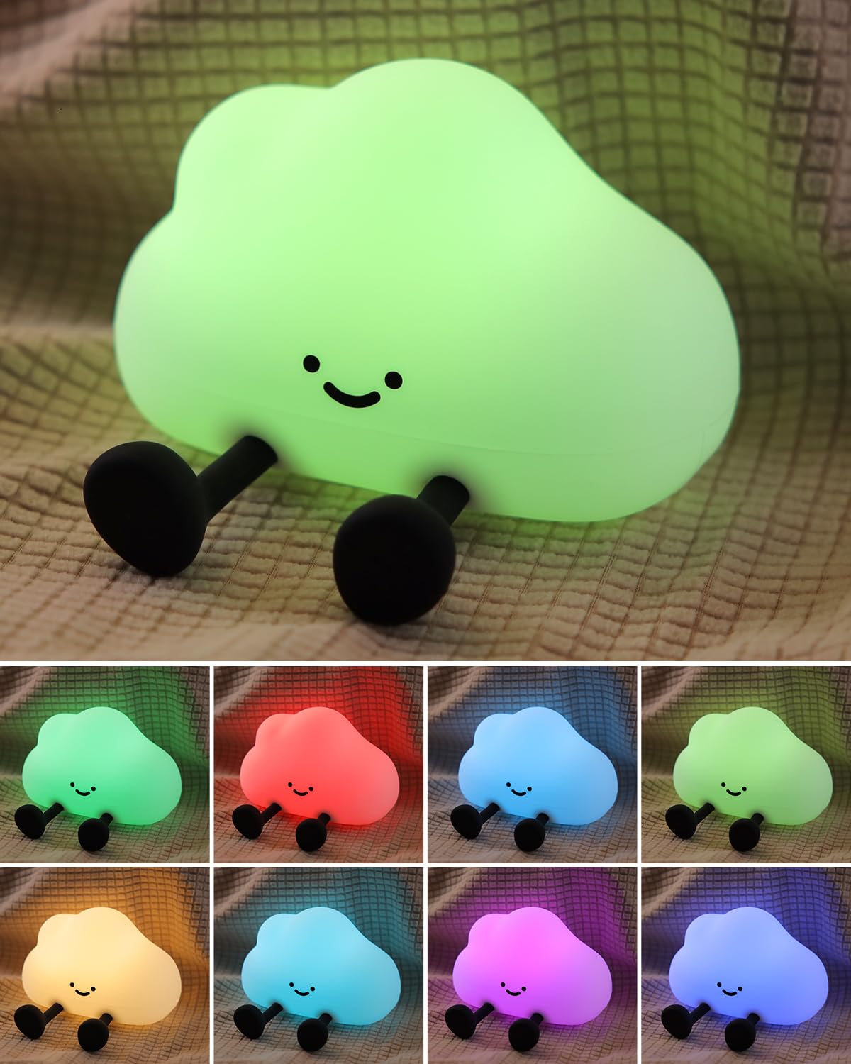 YISUN Cloud Night Light - Colorful Silicone Dimmable Bedside Lamp, Rechargeable, Soft & Portable for Kids, Model DH-BFLD27