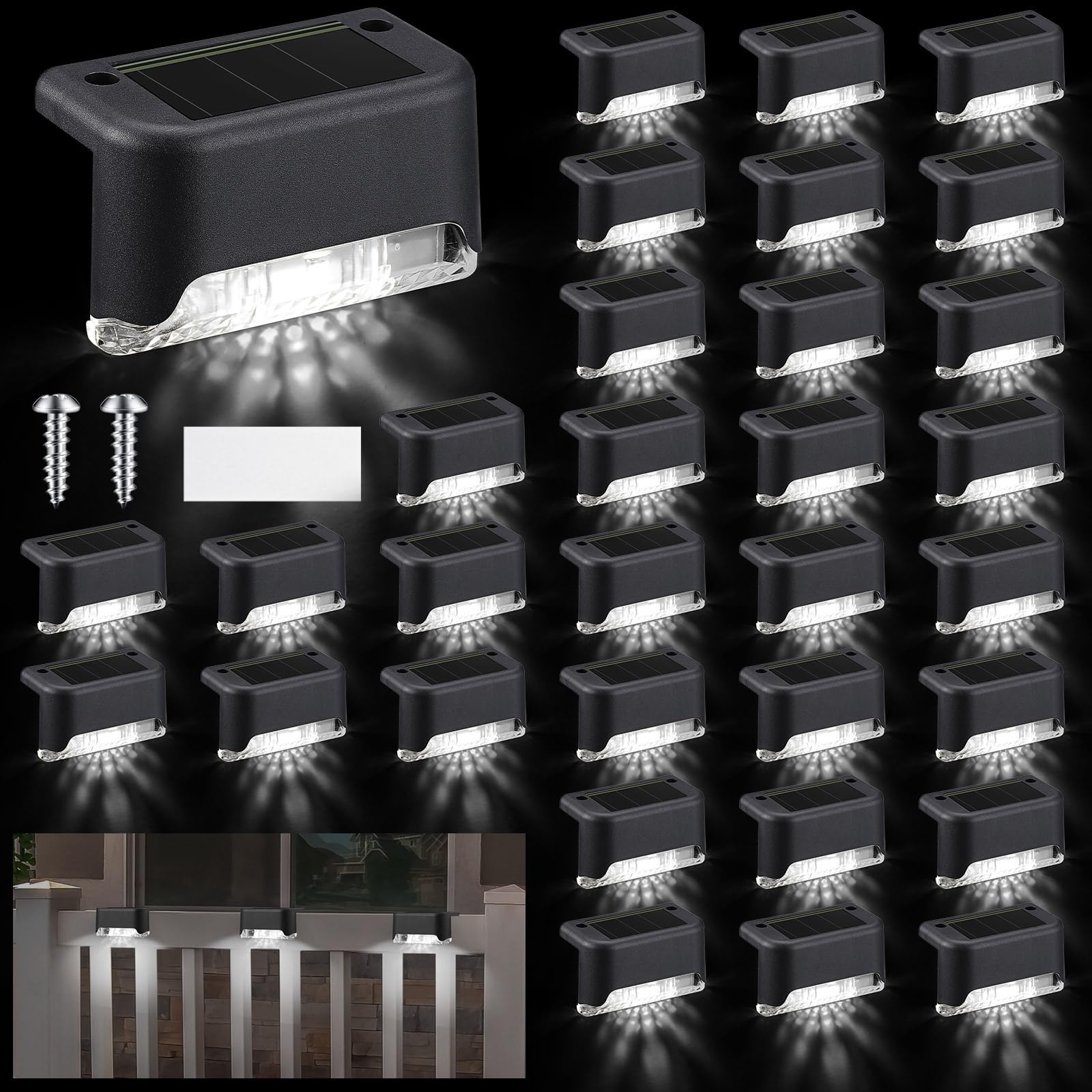Geelin Solar Deck Lights - 32 Pcs Waterproof LED Step Lights for Stairs, Railing, Patio, Garden, Black Shell Cool White Light