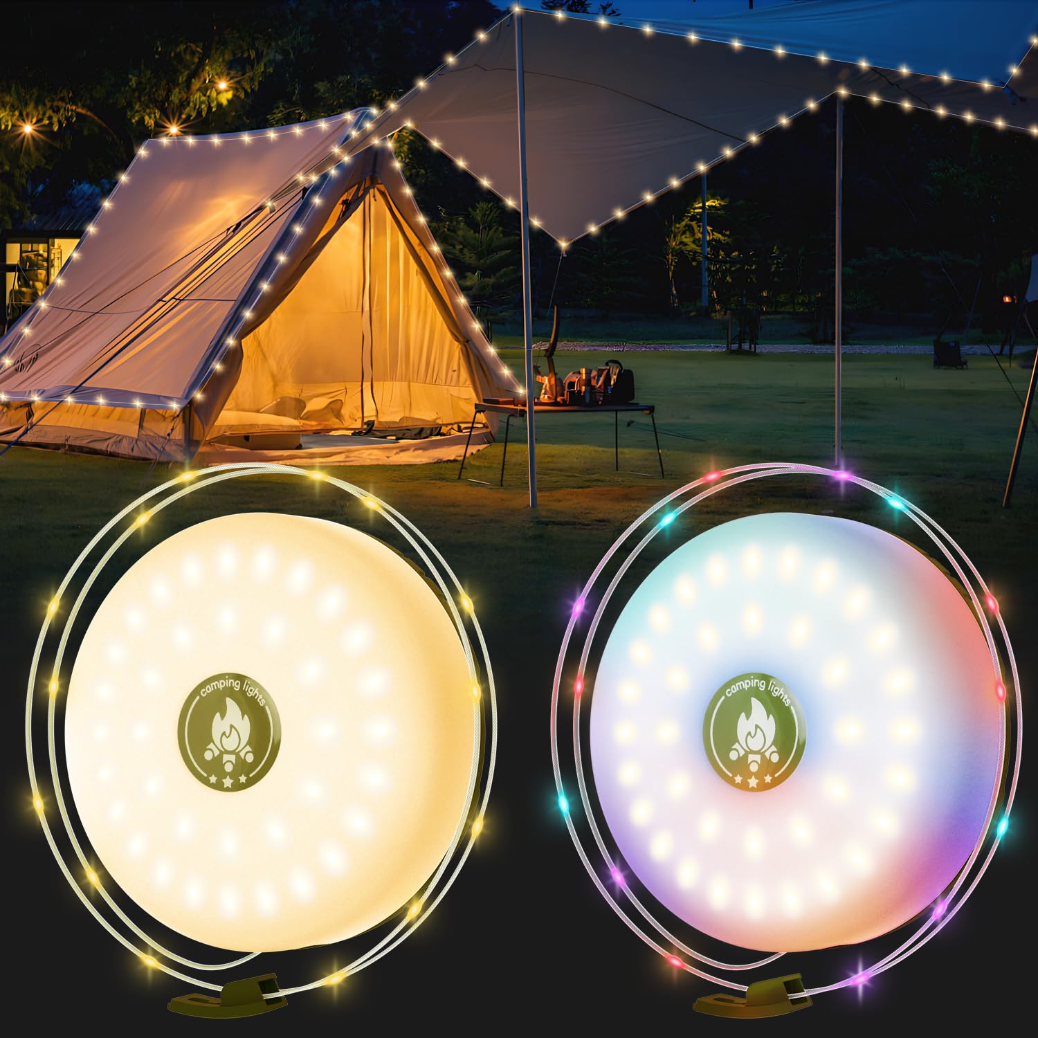 2 Pack Camping String Lights, 2 in 1 Outdoor String Lights with 8 Lighting Modes(32.8Ft), Quick 30s Recovery, Durable and Waterp