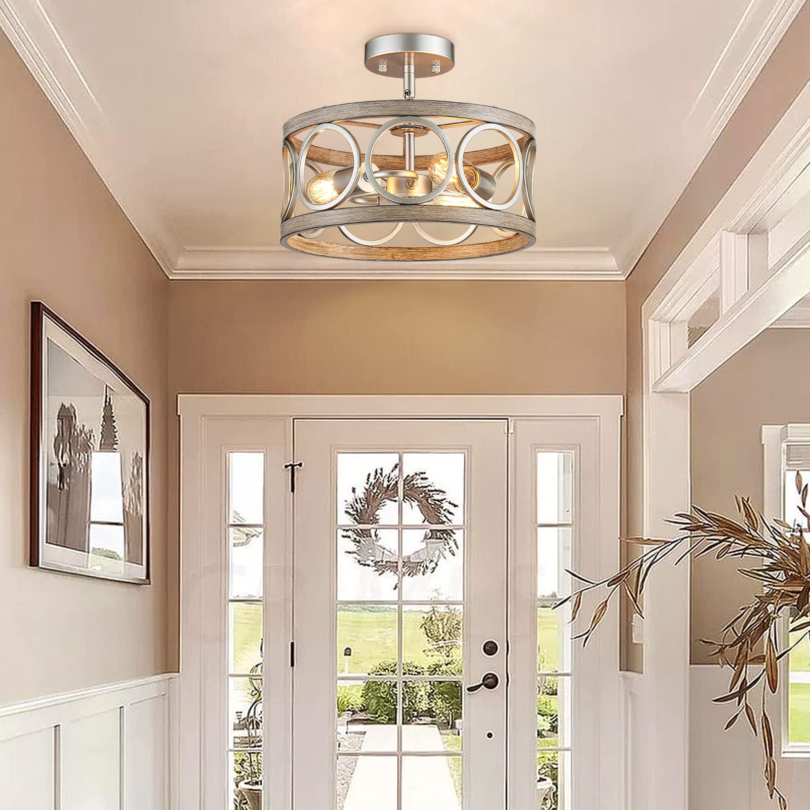 Peskoe Farmhouse Ceiling Light Fixture, Drum Round Modern Semi Flush Mount Ceiling Light For Kitchen Bedroom Dining Living Room, 13" Metal Nickel And Wood Grain Chandeliers