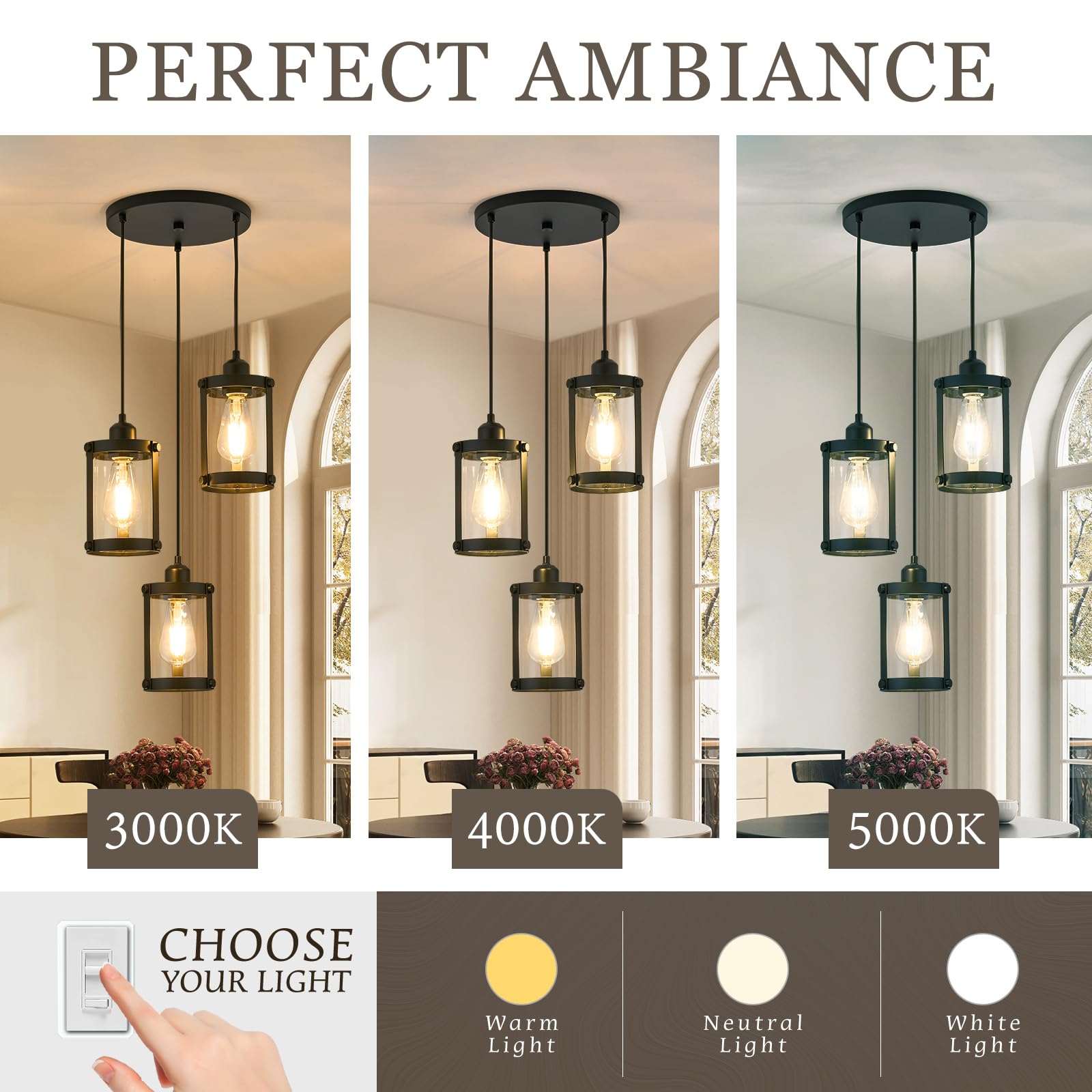 Osimir 3-Light Pendant Lighting, Black Dining Room Chandelier Light Fixture Over Table With Clear Glass, Modern Cluster Hanging