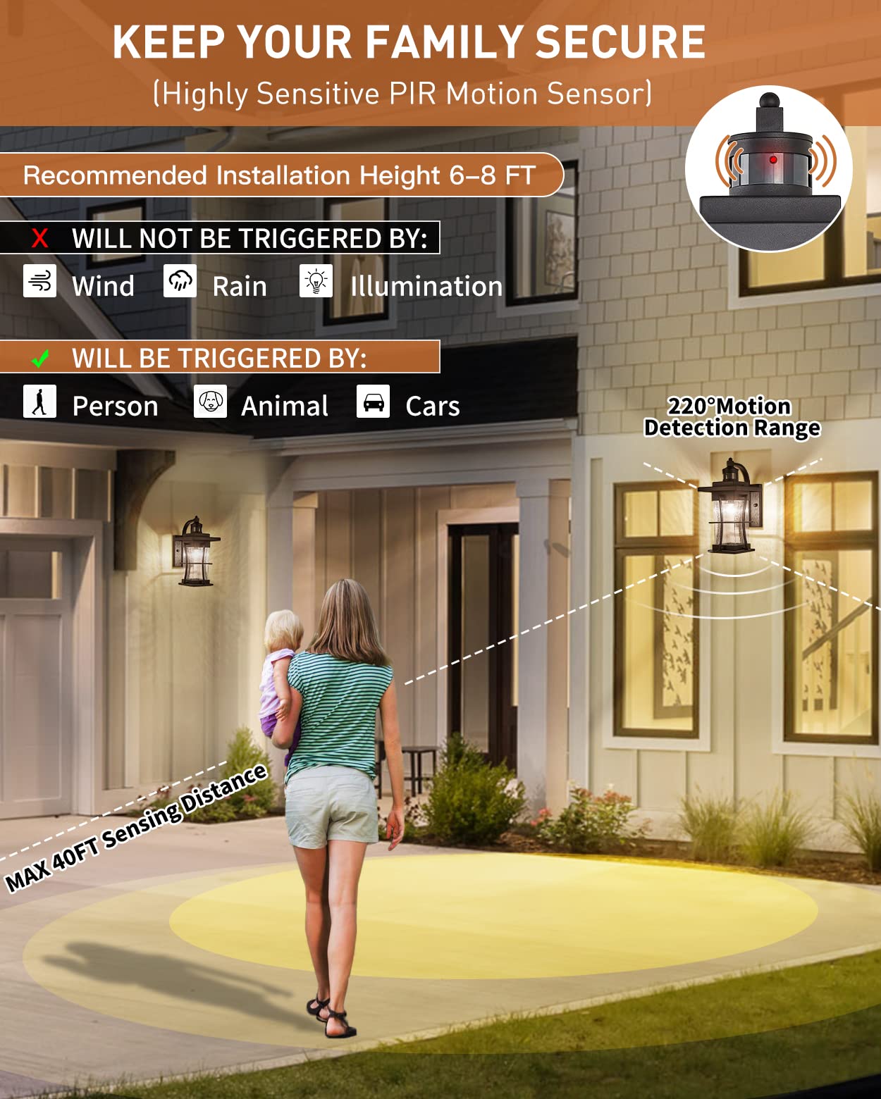 Eeru Motion Sensor Outdoor Wall Light Dusk To Dawn Exterior Light Fixtures Waterproof Outdoor Sconce Black Porch Light Wall Moun