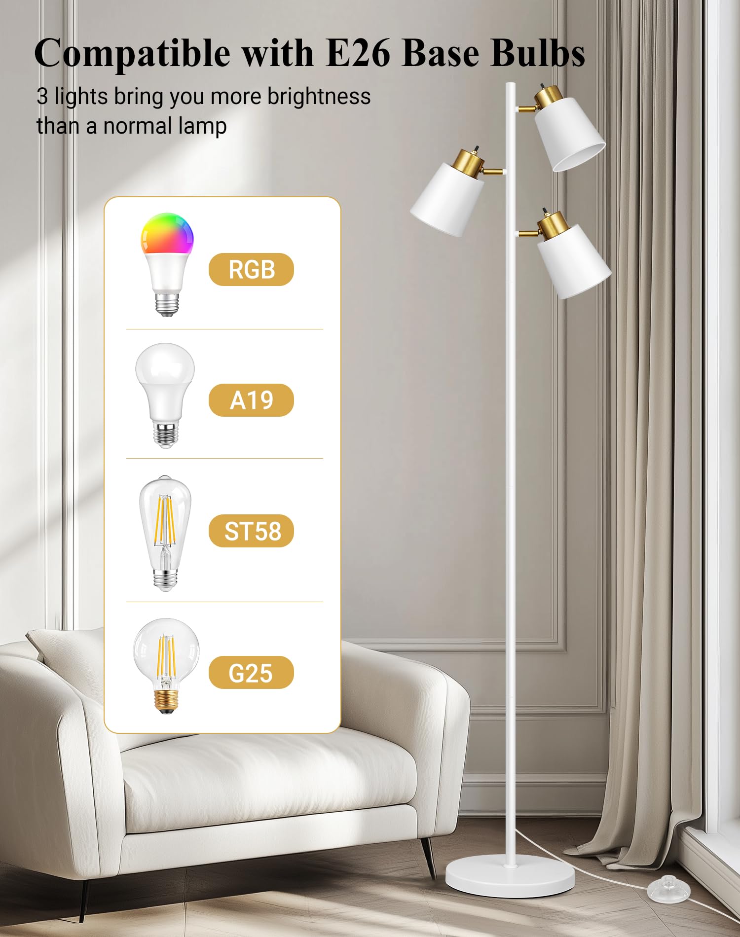 QiMH Modern Floor Lamp, 67" Industrial Metal Design, 3 Rotatable LED Heads, White & Gold, Model STR-FL-0174 for Living Room & Office
