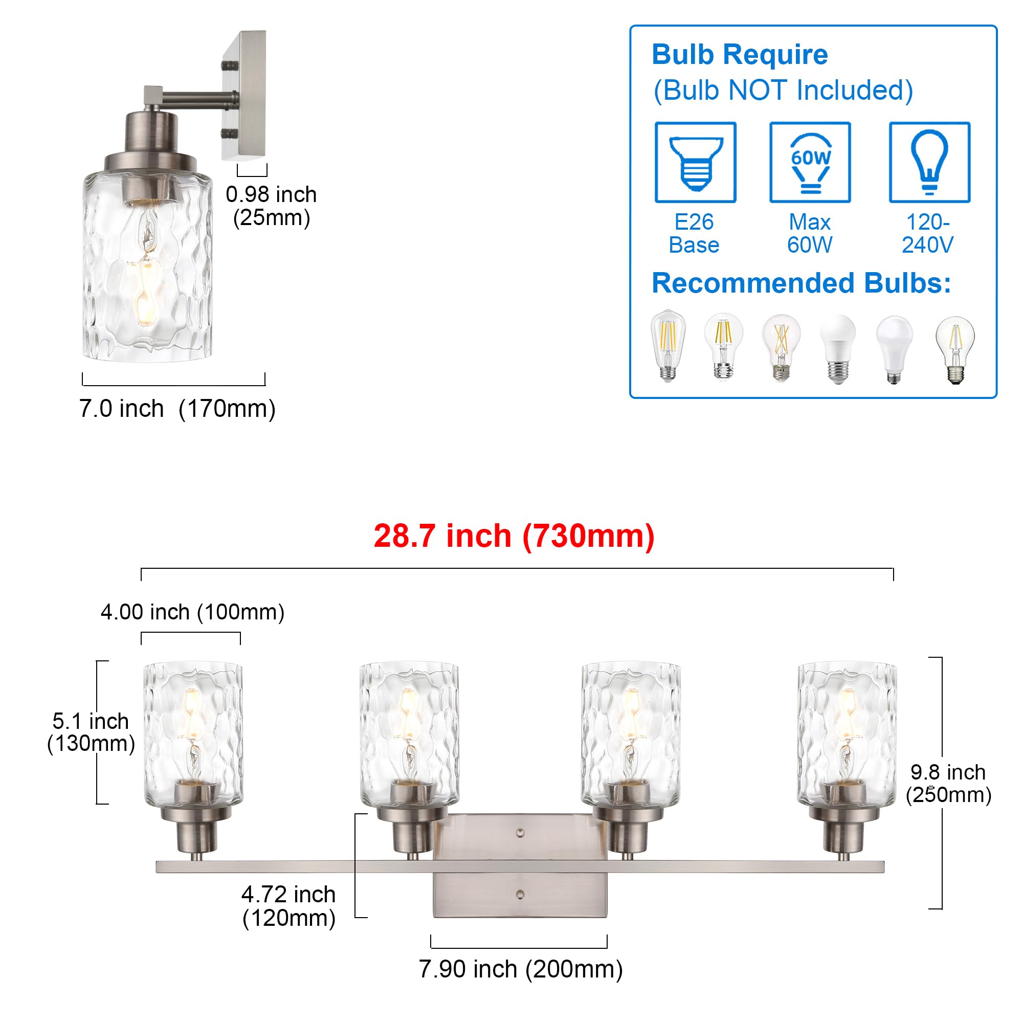 MELUCEE 4-Light Wall Light Fixture, Brushed Nickel, Metal, Clear Hammered Glass Shade, Model 450A-4W-SN