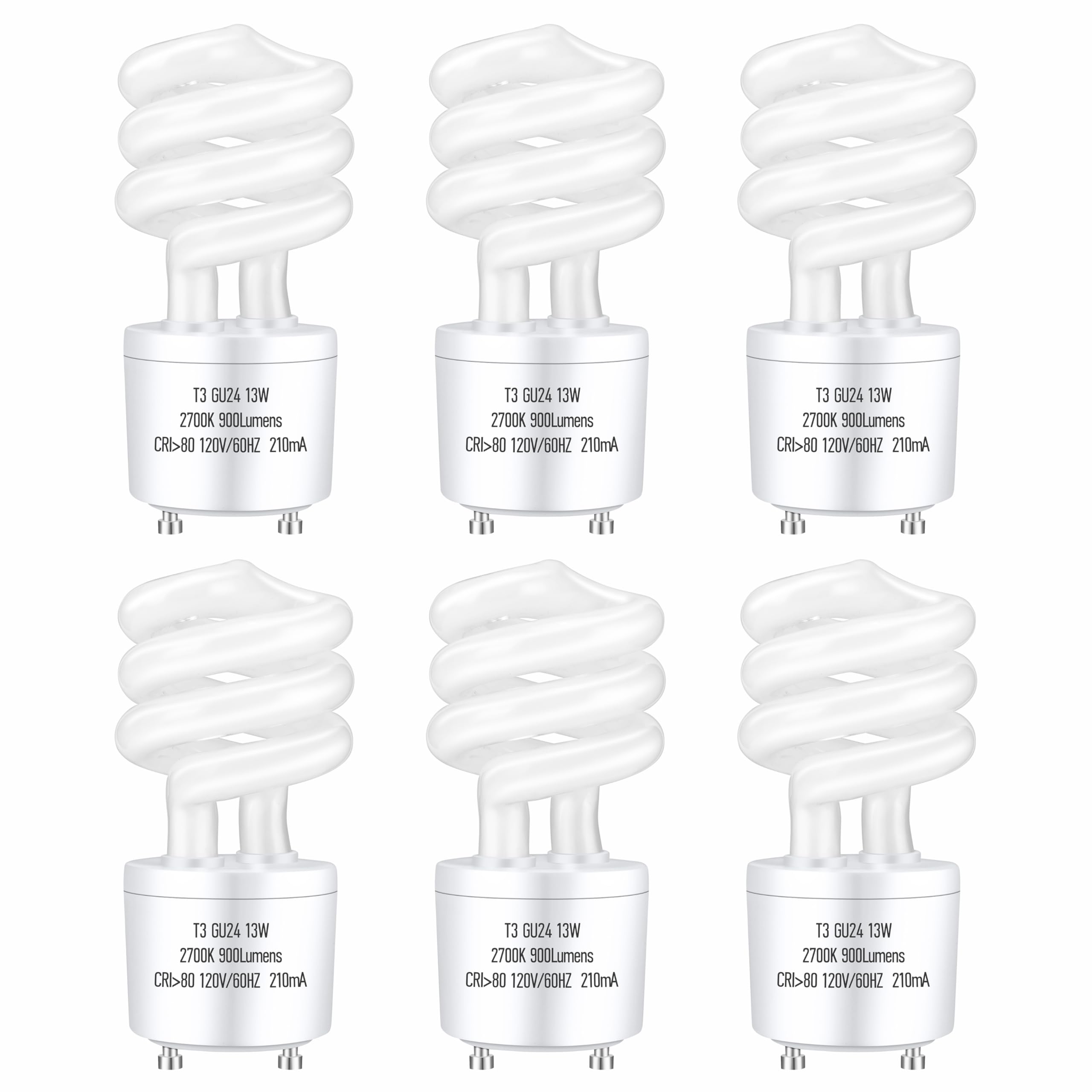 UGOODIS CFL Light Bulbs, 13Watt, Soft White, 900lm, 2 Prong GU24 Base, Pack of 6, UL Approved, Indoor Use