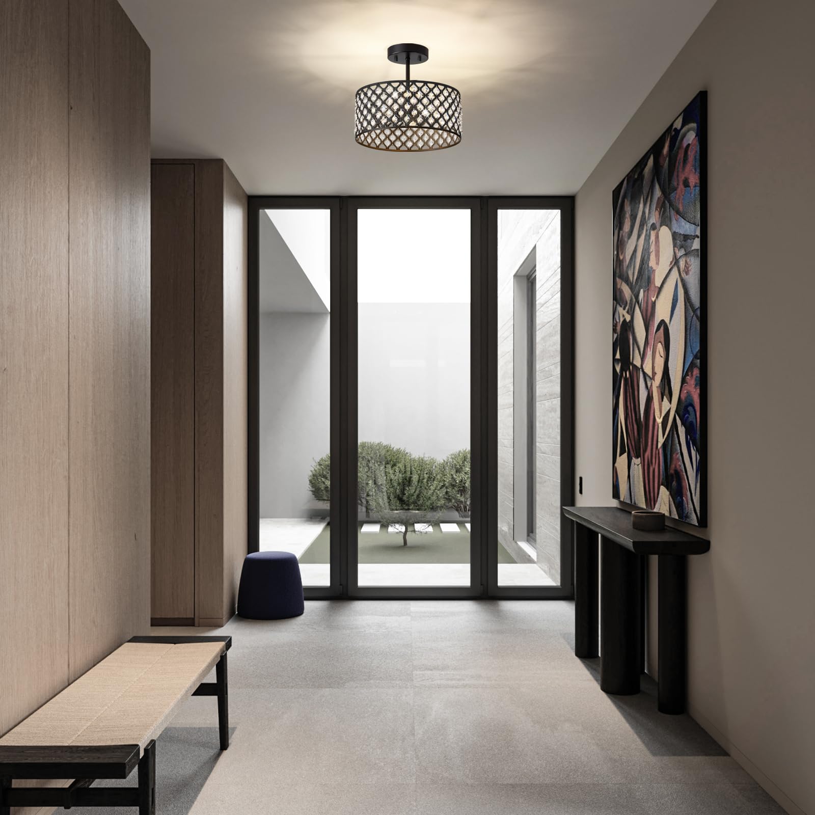 BZVESR Black Crystal Ceiling Light Fixture, Modern Semi Flush Mount, 3 Light, 12 inch, for Dining Room, Hallway, Kitchen, Bedroom