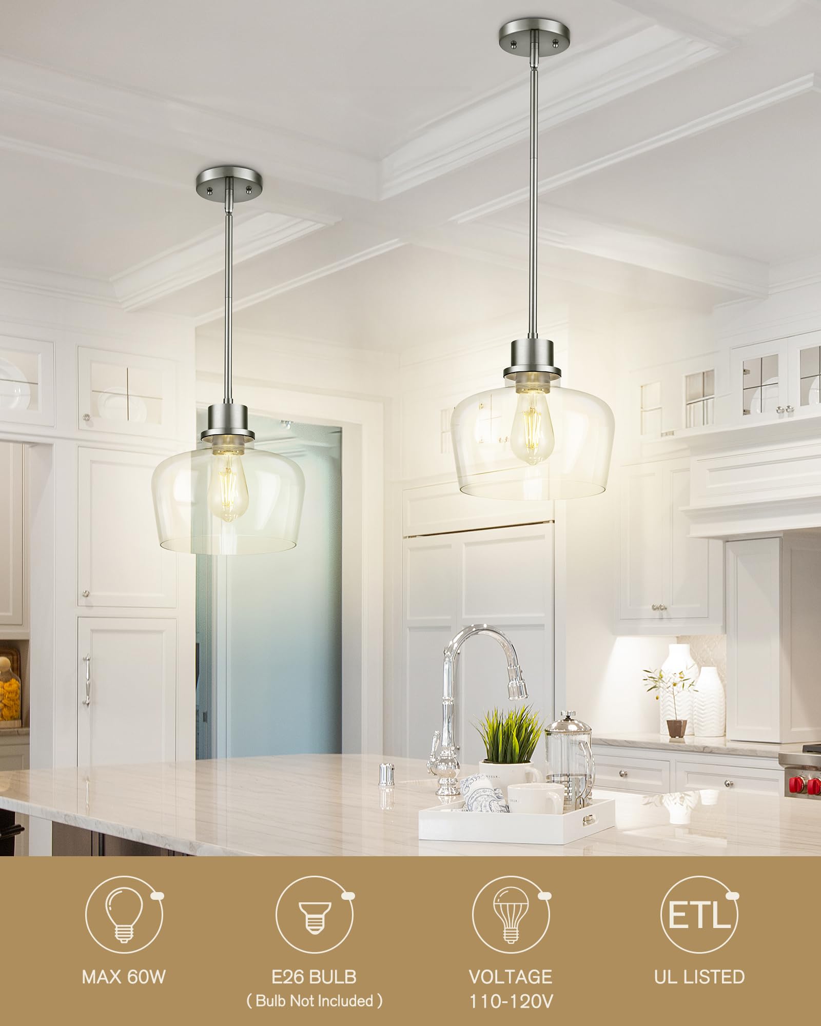 Emak 10 Inch Brushed Nickel Pendant Light, Modern Large Pendant Lights Kitchen Island, Hanging Lights With Clear Glass Shade For