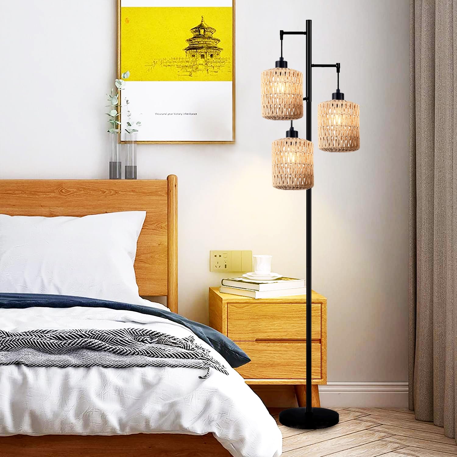 QIYIZM Floor Lamp - 3-Lights Boho Rattan Tree Lamp, Industrial Black, Rustic Woven Bamboo Shade, Ideal for Living Room and Bedroom