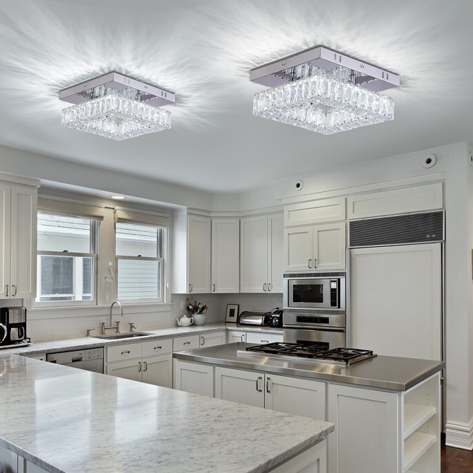 YPQXYHDA Mini Modern Crystal Chandelier, 9.8" Flush Mount LED Light, K9 Crystal & Stainless Steel, Cool White, Model 2503MSJXDF-BG