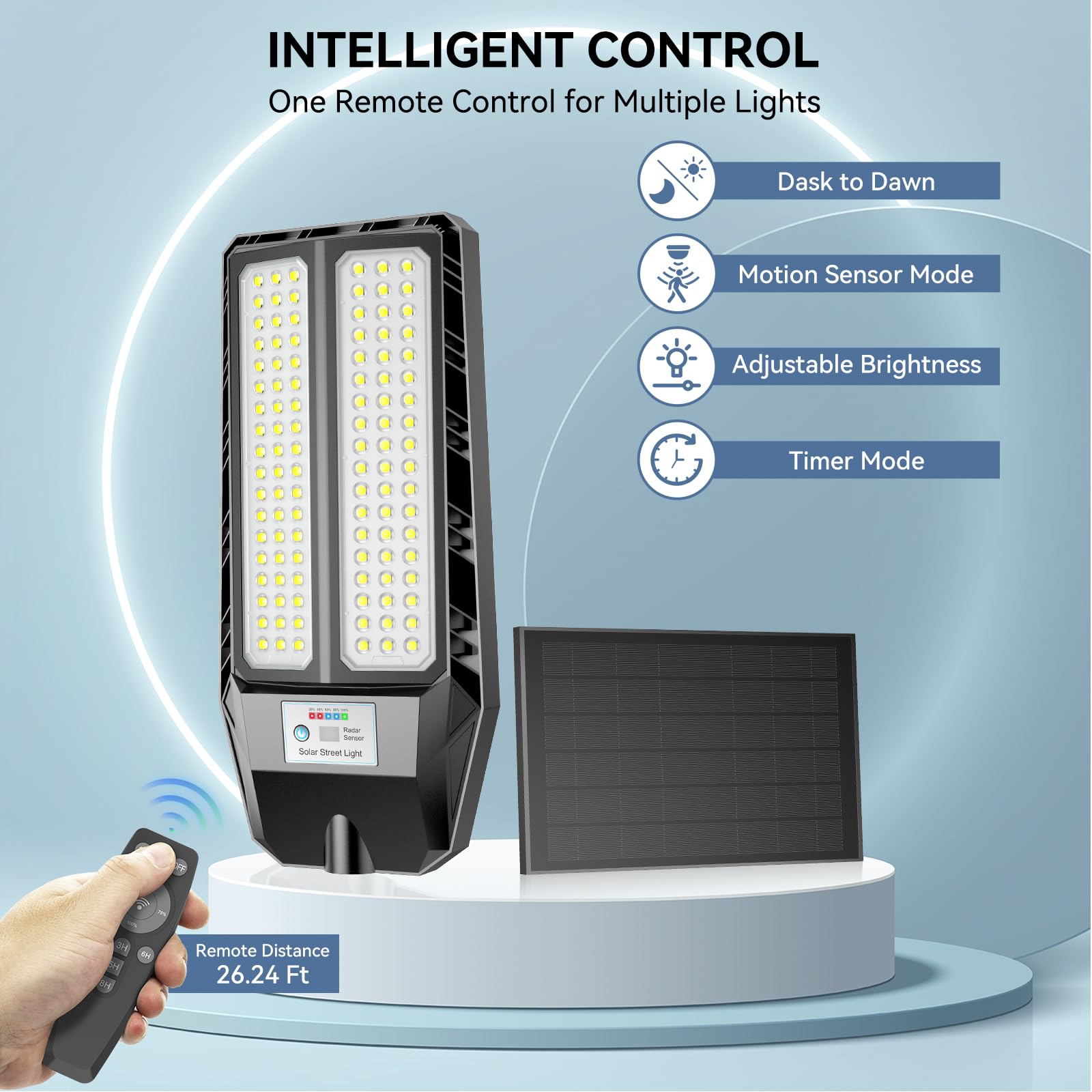 VOOJOY Solar Street Light Outdoor, 7000K LED, Motion Sensor, Remote Control, 9000W, Black, Model TW002C