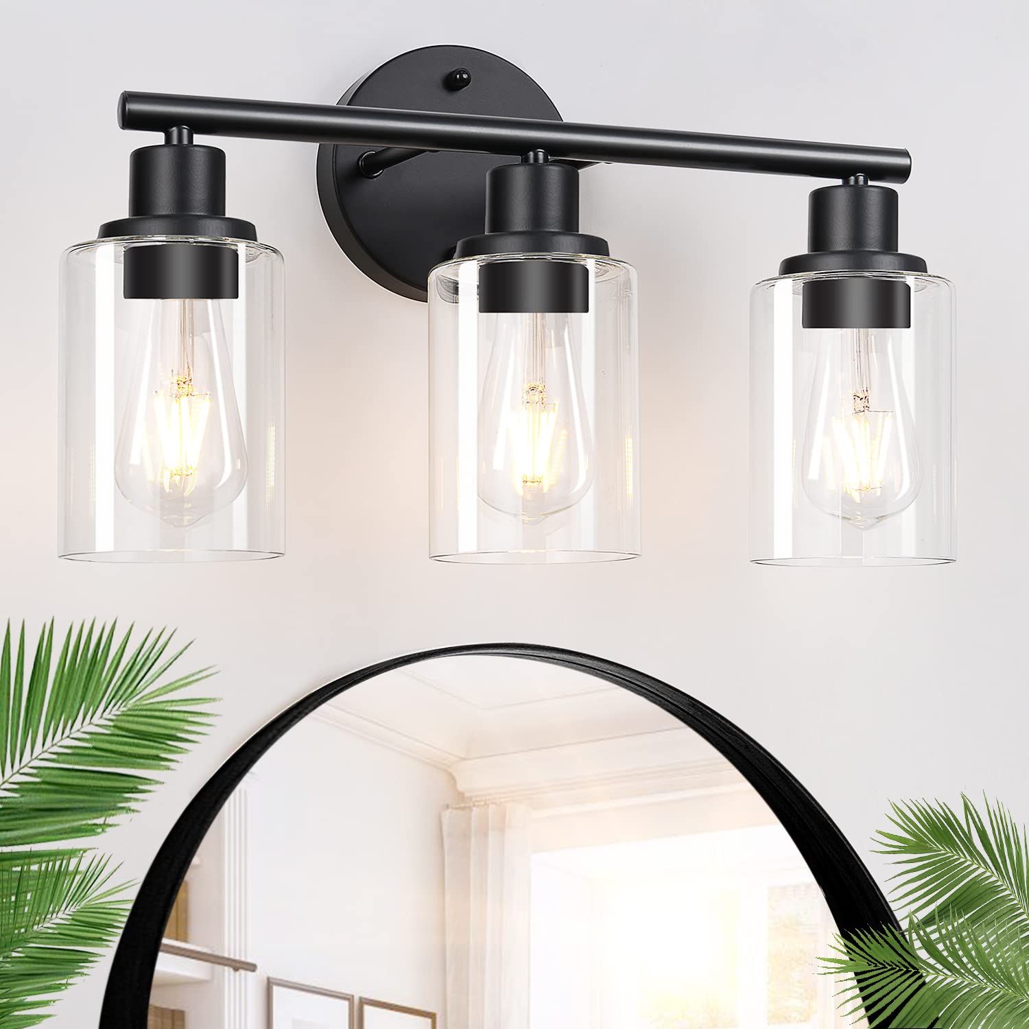 3-Light Bathroom Light Fixtures, Black Bathroom Wall Lights, Modern Bathroom Vanity Light with Clear Glass Shade, Bathroom Wall 